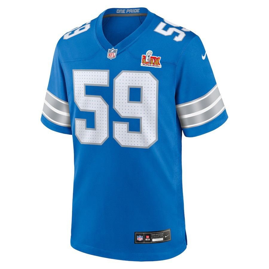 Giovanni Manu #59 Detroit Lions Super Bowl LIX Blue NFL Jersey Men's