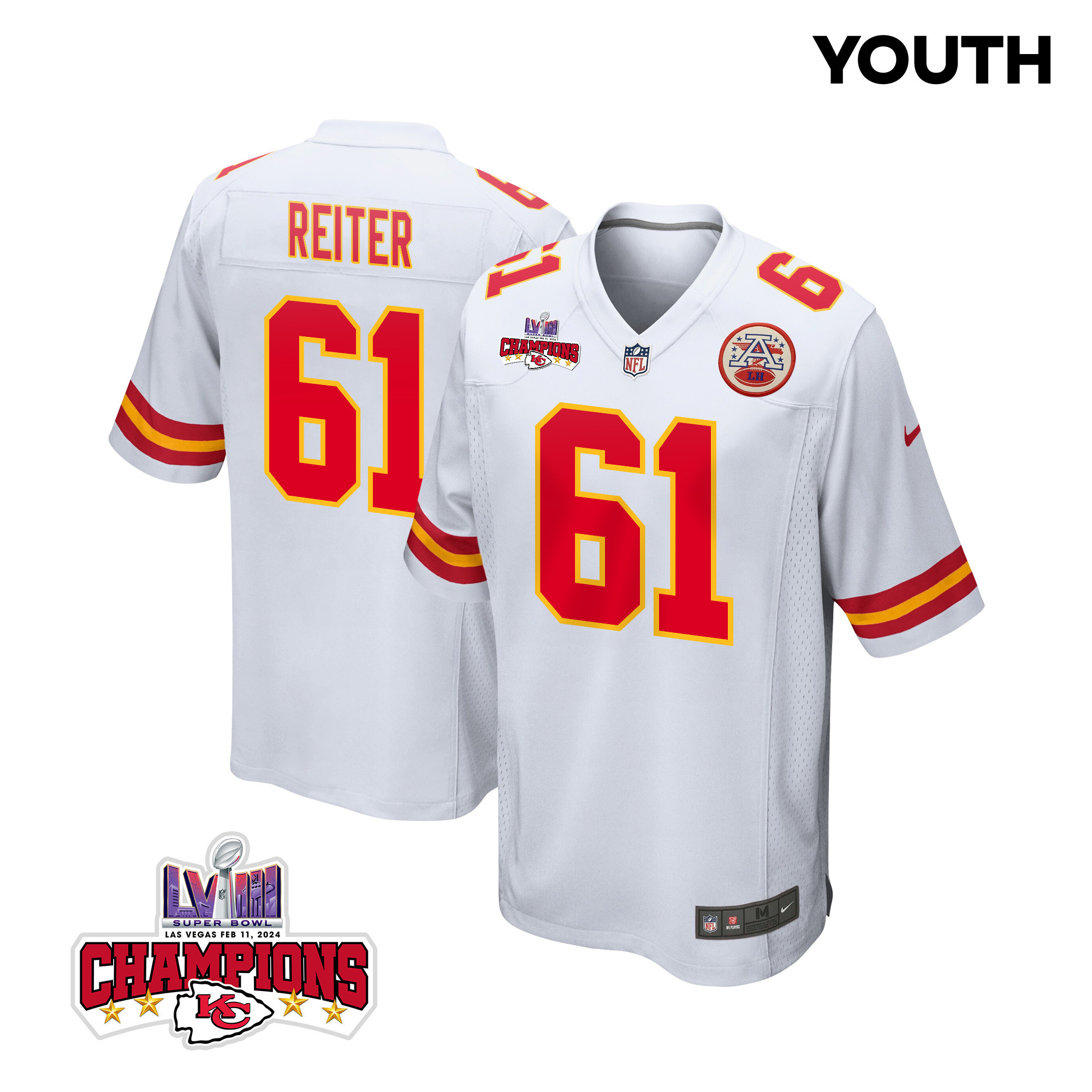 Austin Reiter 61 Kansas City Chiefs Super Bowl LVIII Champions 4 Stars Patch Game White NFL Jersey Youth