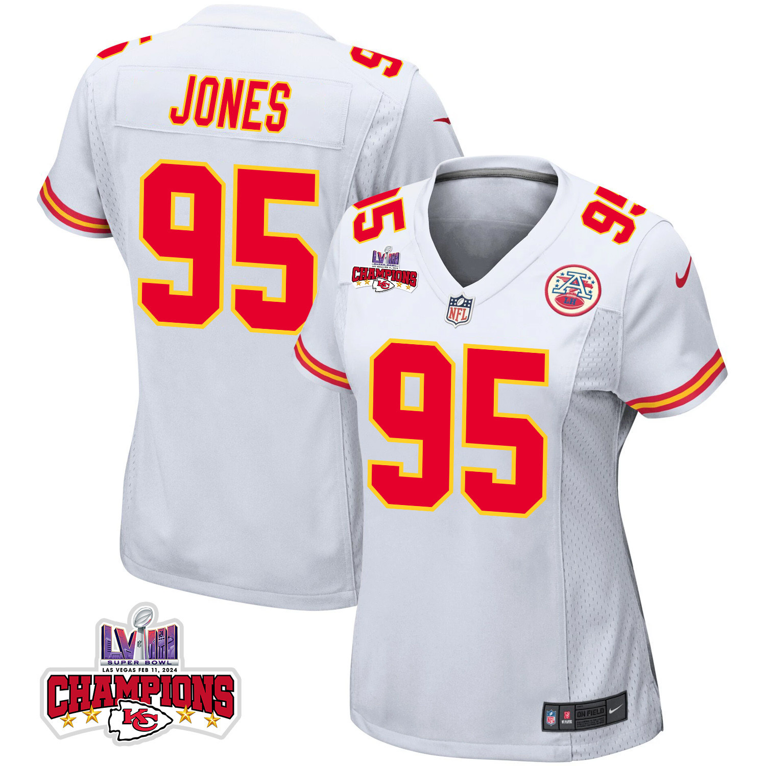 Chris Jones 95 Kansas City Chiefs Super Bowl LVIII Champions 4 Stars Patch Game White NFL Jersey Women's