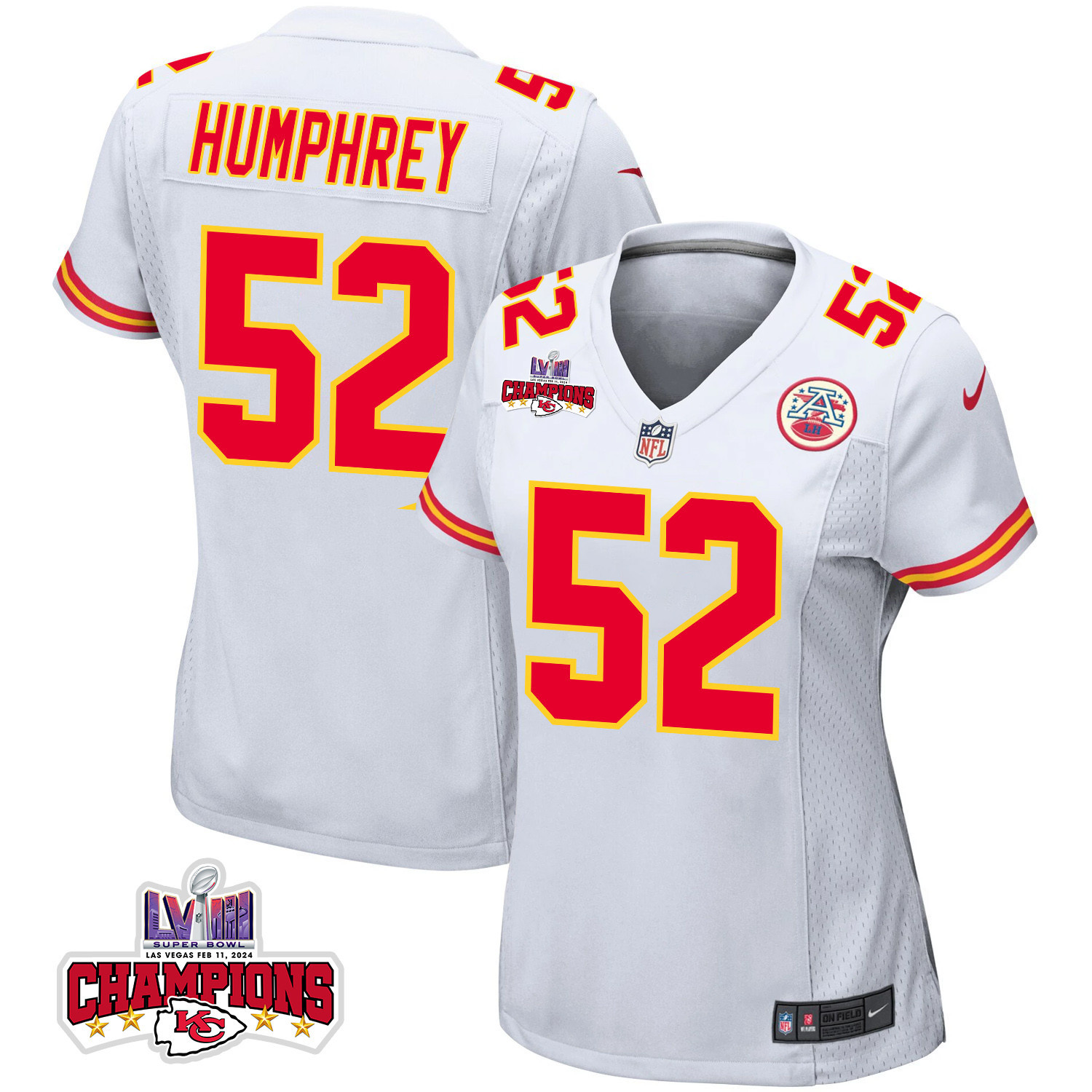 Creed Humphrey 52 Kansas City Chiefs Super Bowl LVIII Champions 4 Stars Patch Game White NFL Jersey Women's