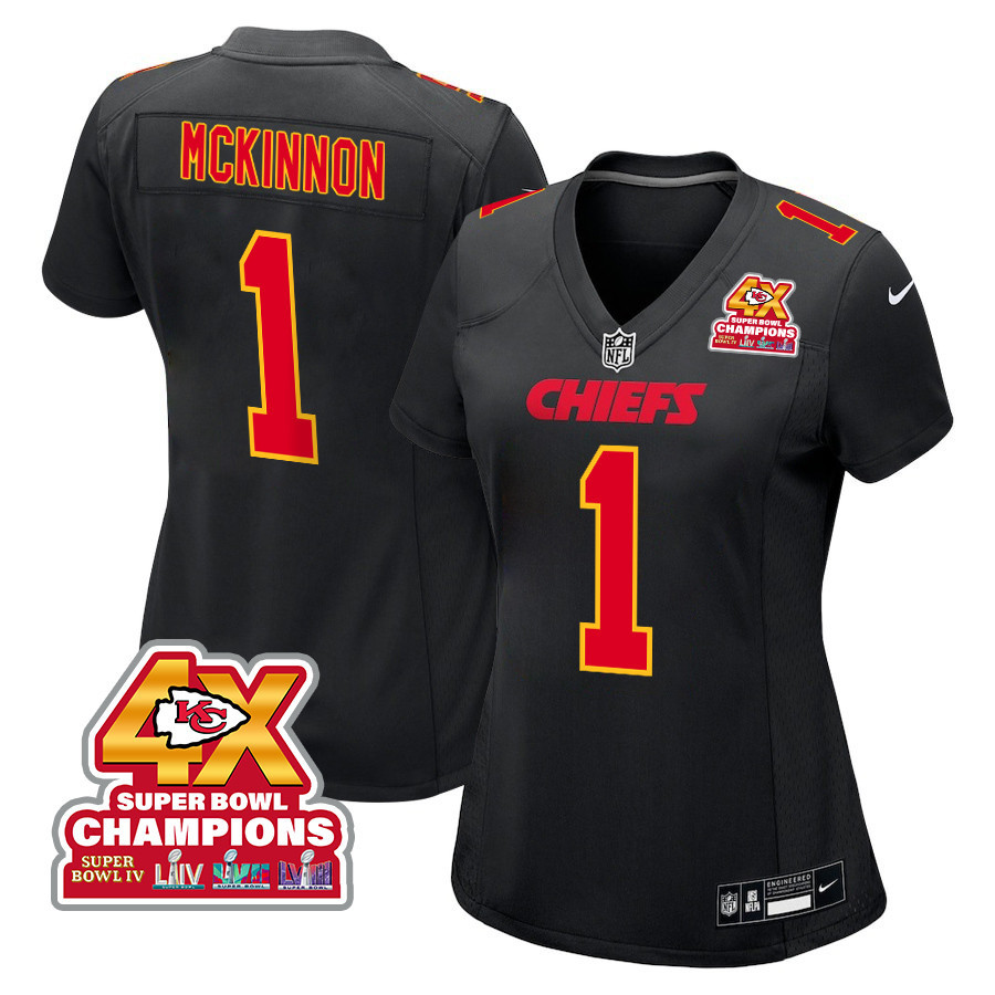 Jerick McKinnon 1 Kansas City Chiefs Super Bowl LVIII Champions 4X Fashion Game Carbon Black NFL Jersey Women's