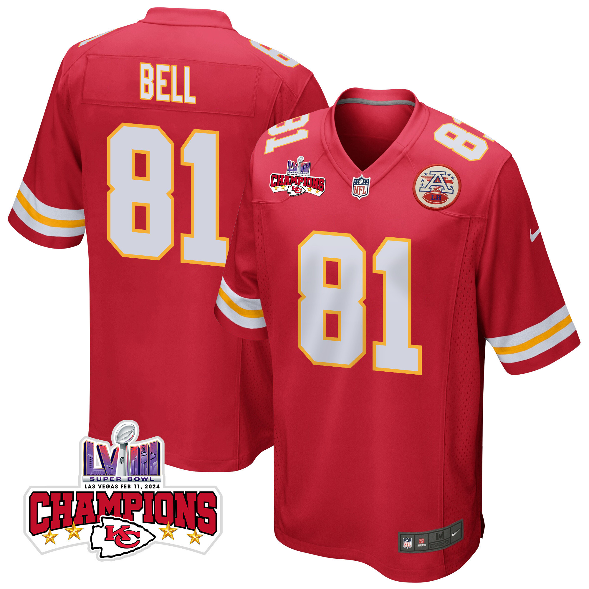 Blake Bell 81 Kansas City Chiefs Super Bowl LVIII Champions 4 Stars Patch Game Red NFL Jersey Men's