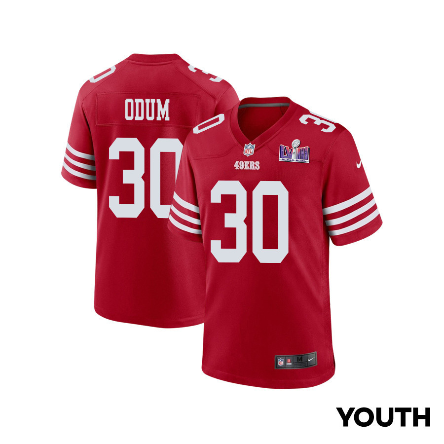 George Odum 30 San Francisco 49ers Super Bowl LVIII Patch Game Scarlet NFL Jersey Youth