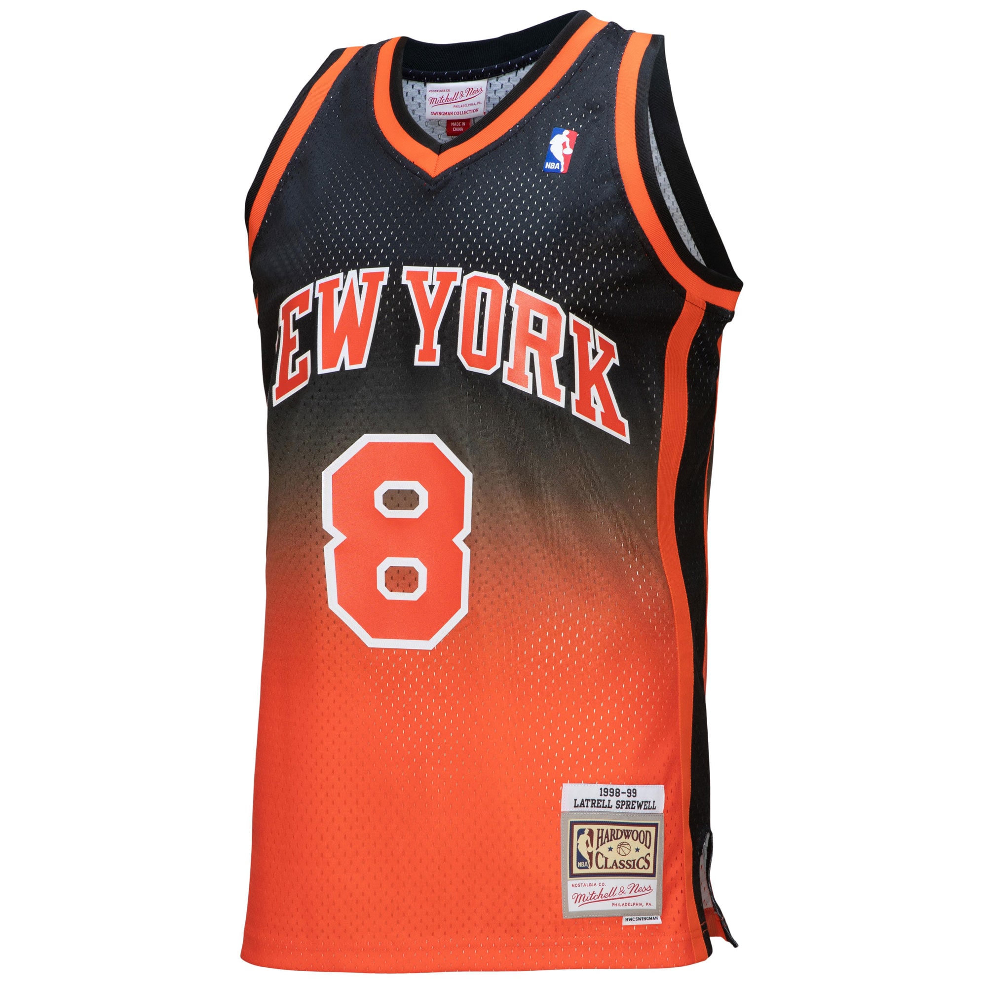 Mitchell Ness Latrell Sprewell Orange/Black New York Knicks 1998/99 Hardwood Classics Fadeaway Swingman Player NBA Jersey Men's