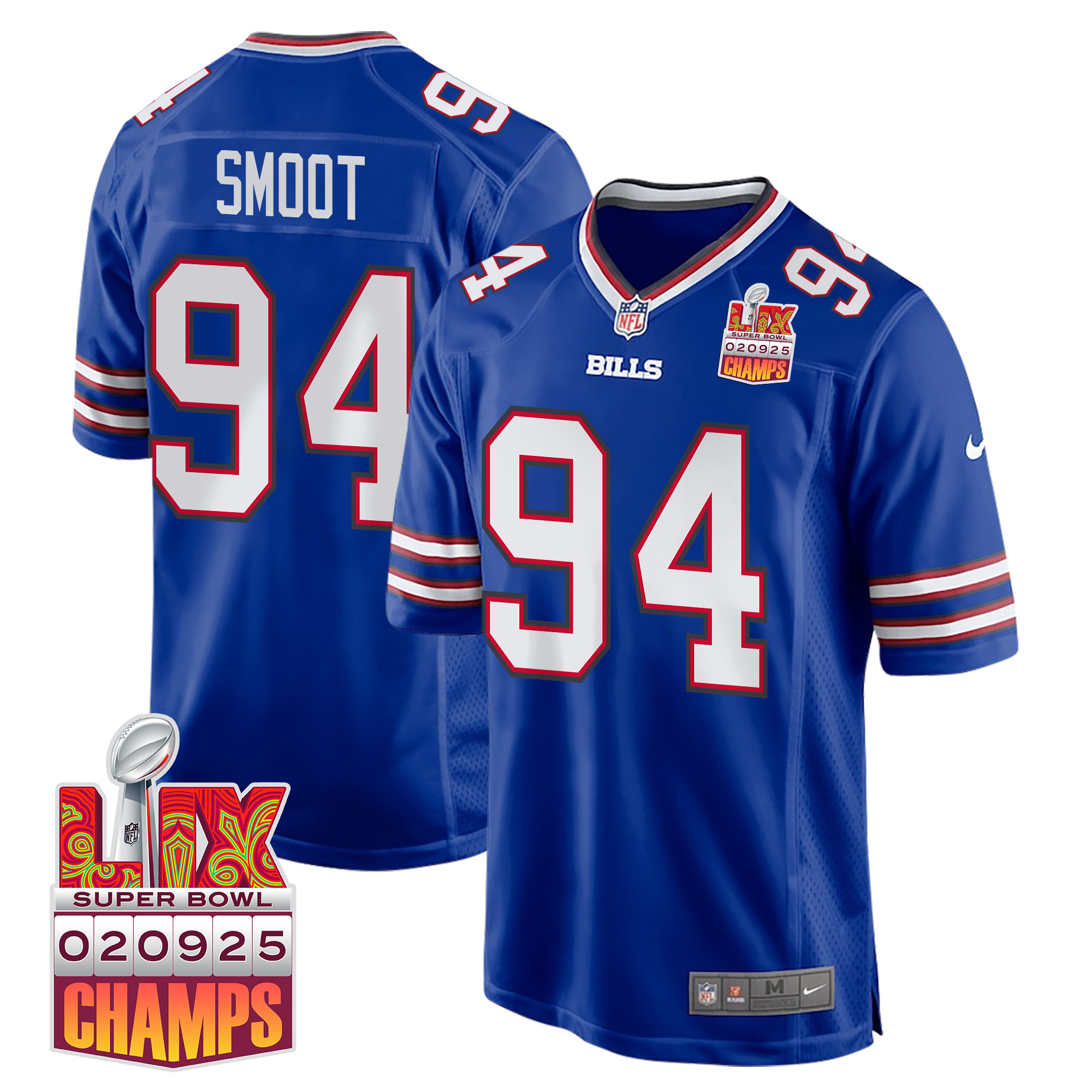 Dawuane Smoot 94 Buffalo Bills Super Bowl LIX Champions Patch Game Royal NFL Jersey Men's