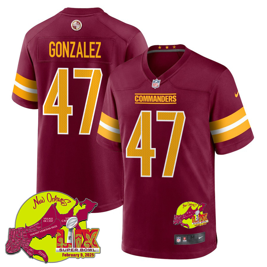 Zane Gonzalez 47 Washington Commanders Super Bowl LIX New Orleans Patch Game Burgundy NFL Jersey Men's