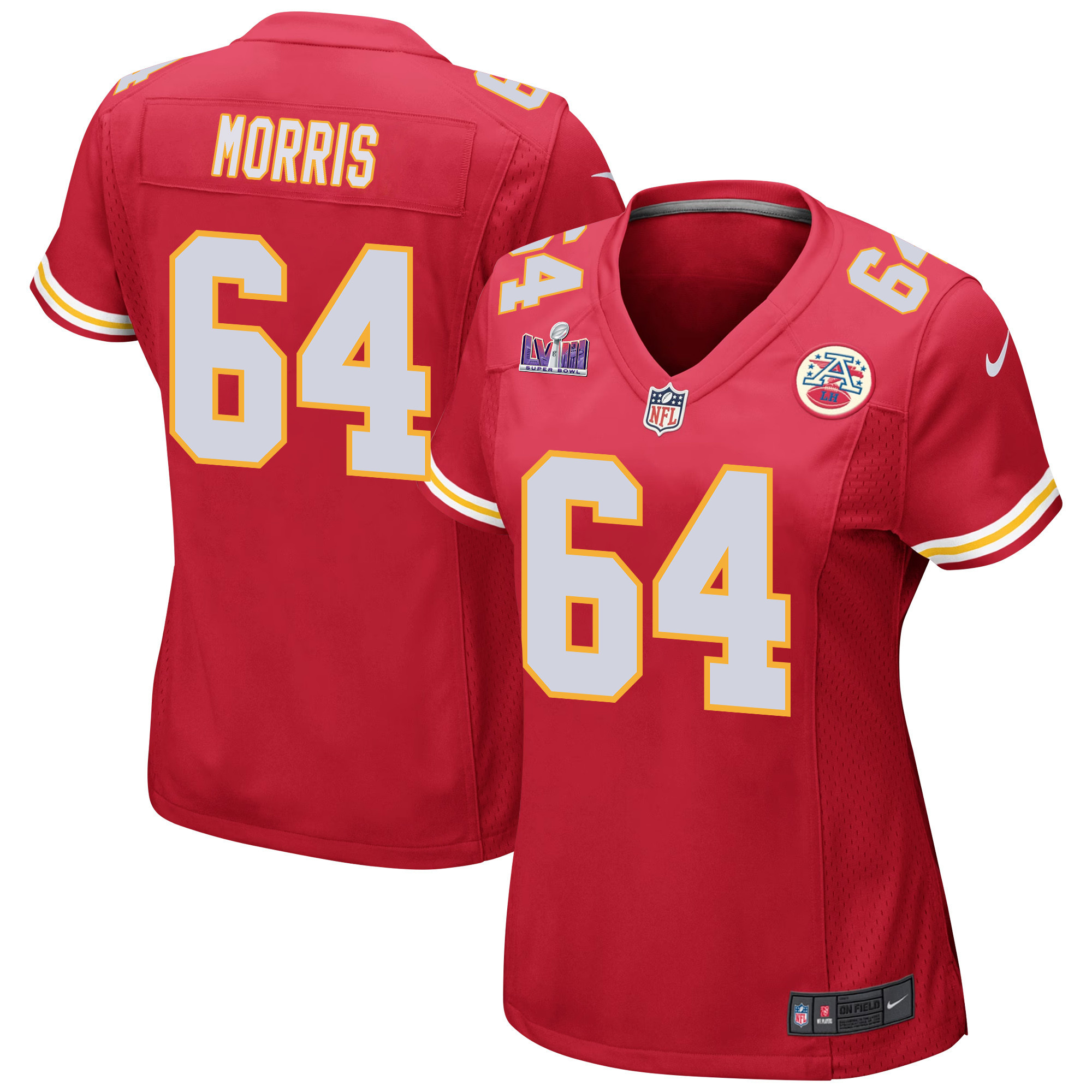 Wanya Morris 64 Kansas City Chiefs Super Bowl LVIII Patch Game Red NFL Jersey Women's