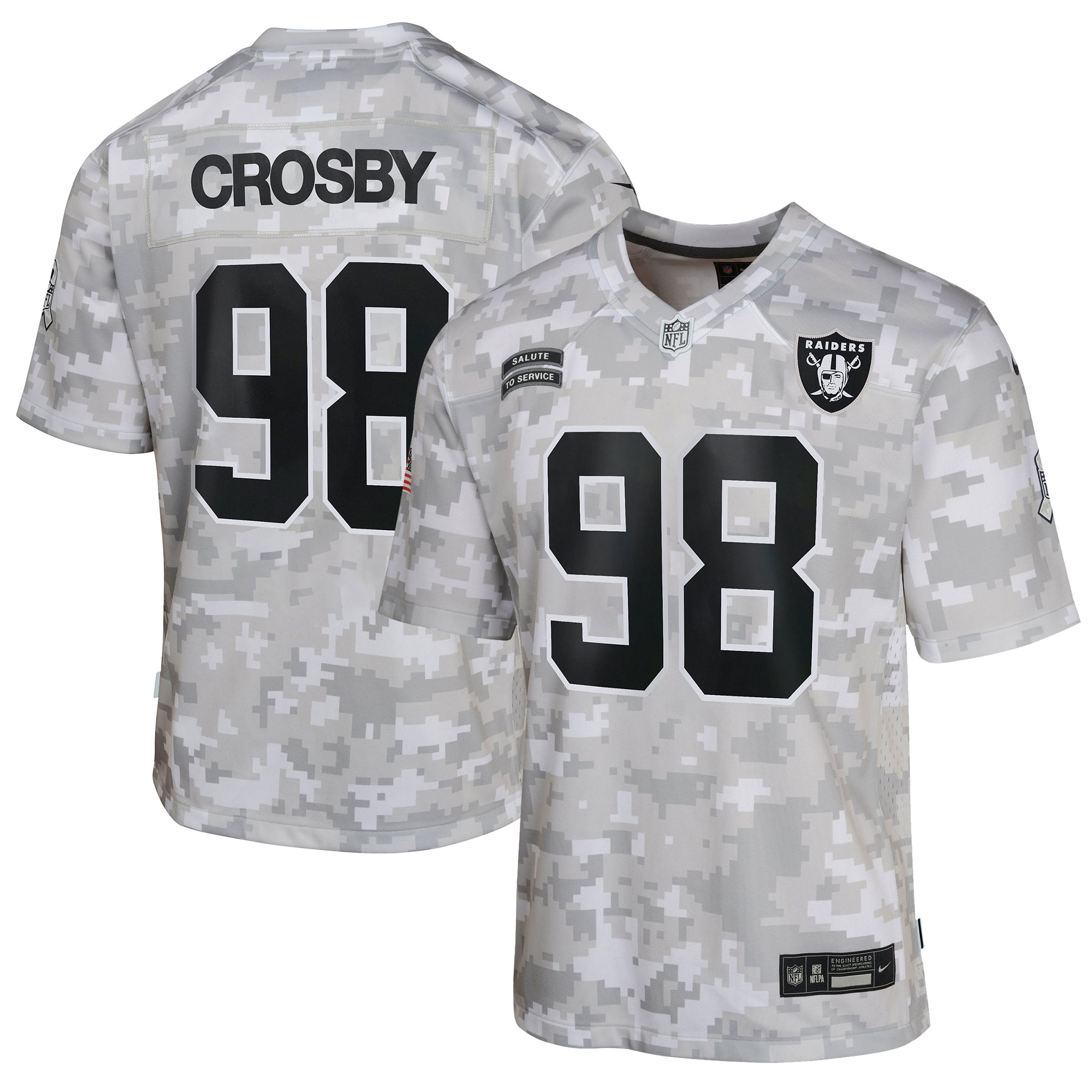 Las Vegas Raiders Maxx Crosby Arctic Camo 2024 Salute to Service Game NFL Jersey Youth