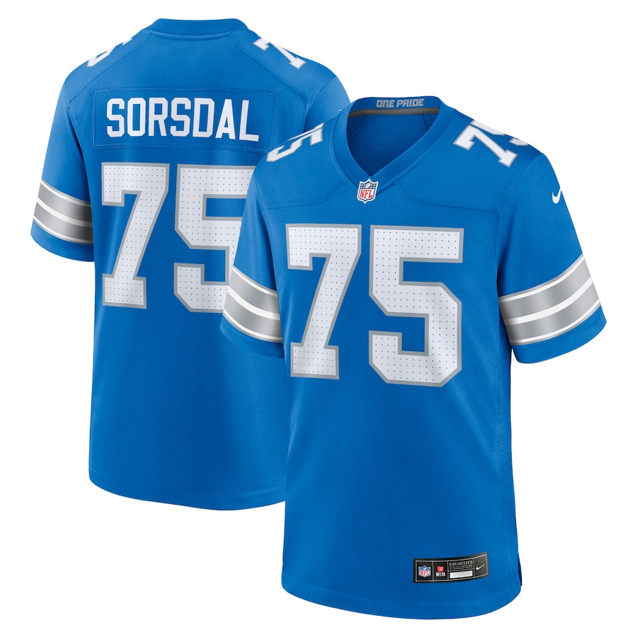 Colby Sorsdal 75 Detroit Lions Team Game Blue NFL Jersey Men's