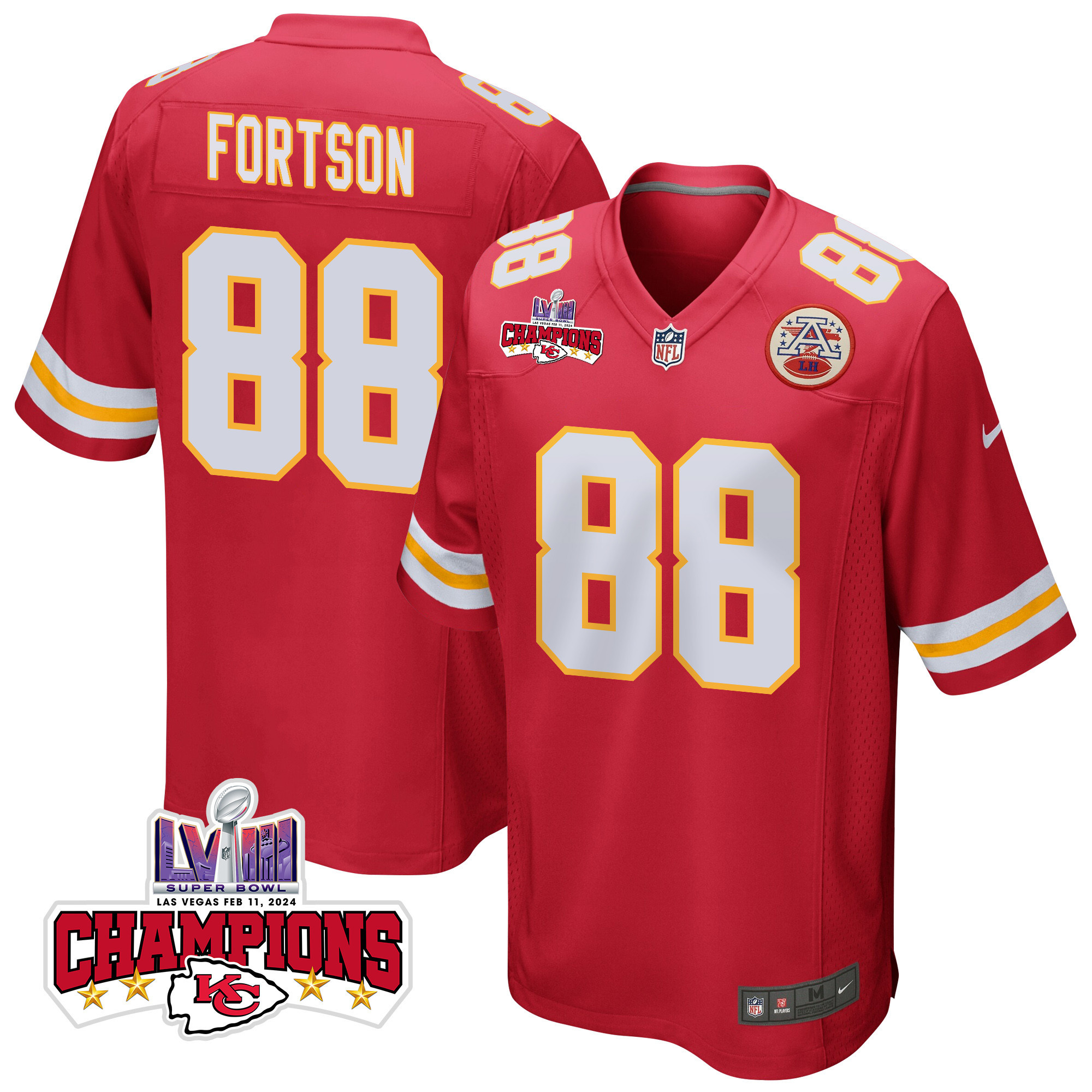 Jody Fortson 88 Kansas City Chiefs Super Bowl LVIII Champions 4 Stars Patch Game Red NFL Jersey Men's
