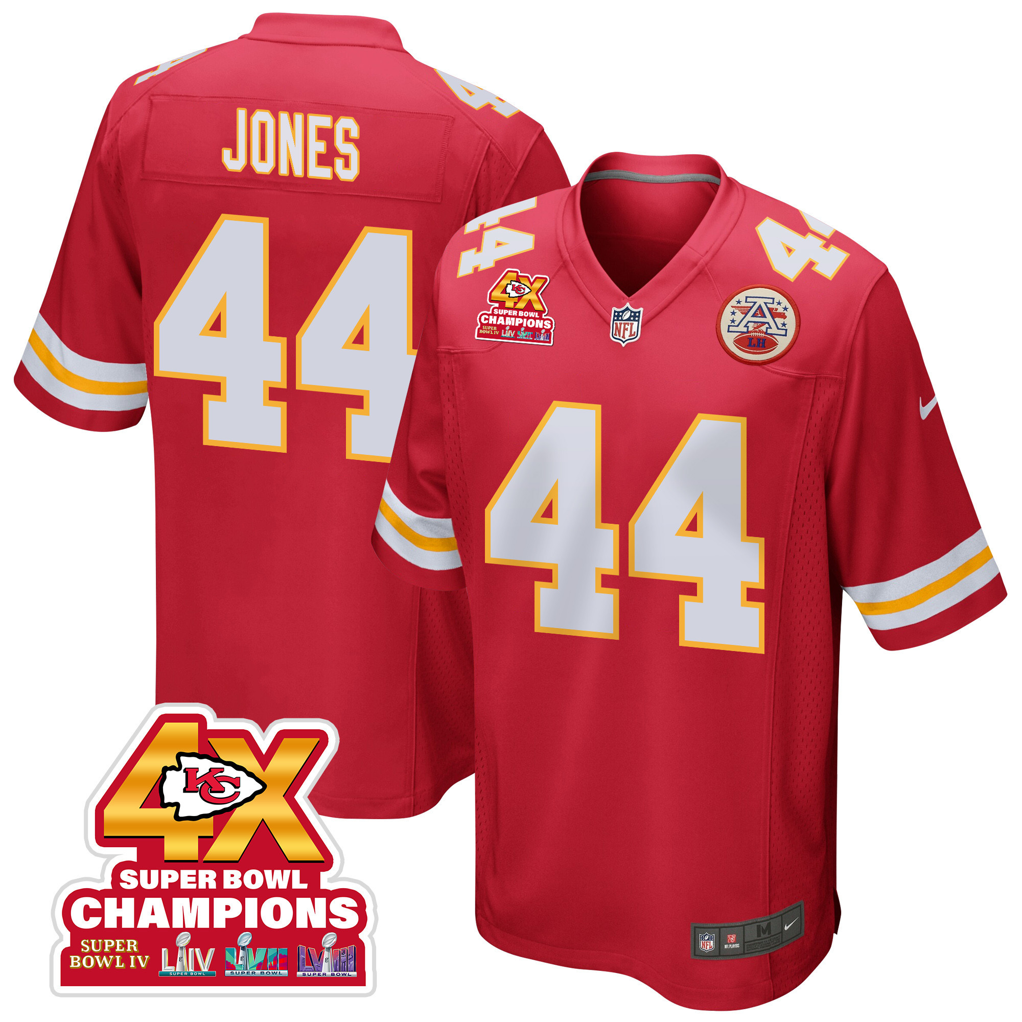 Cam Jones 44 Kansas City Chiefs Super Bowl LVIII Champions 4X Game Red NFL Jersey Men's