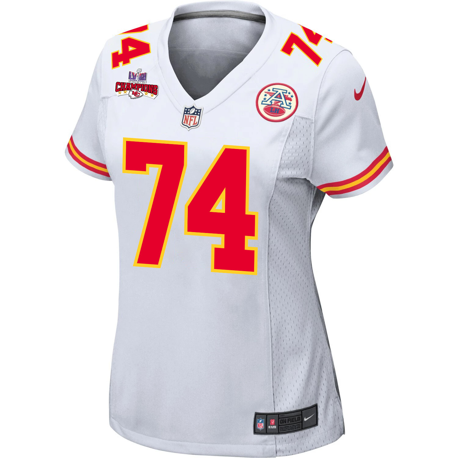 Jawaan Taylor 74 Kansas City Chiefs Super Bowl LVIII Champions 4 Stars Patch Game White NFL Jersey Women's