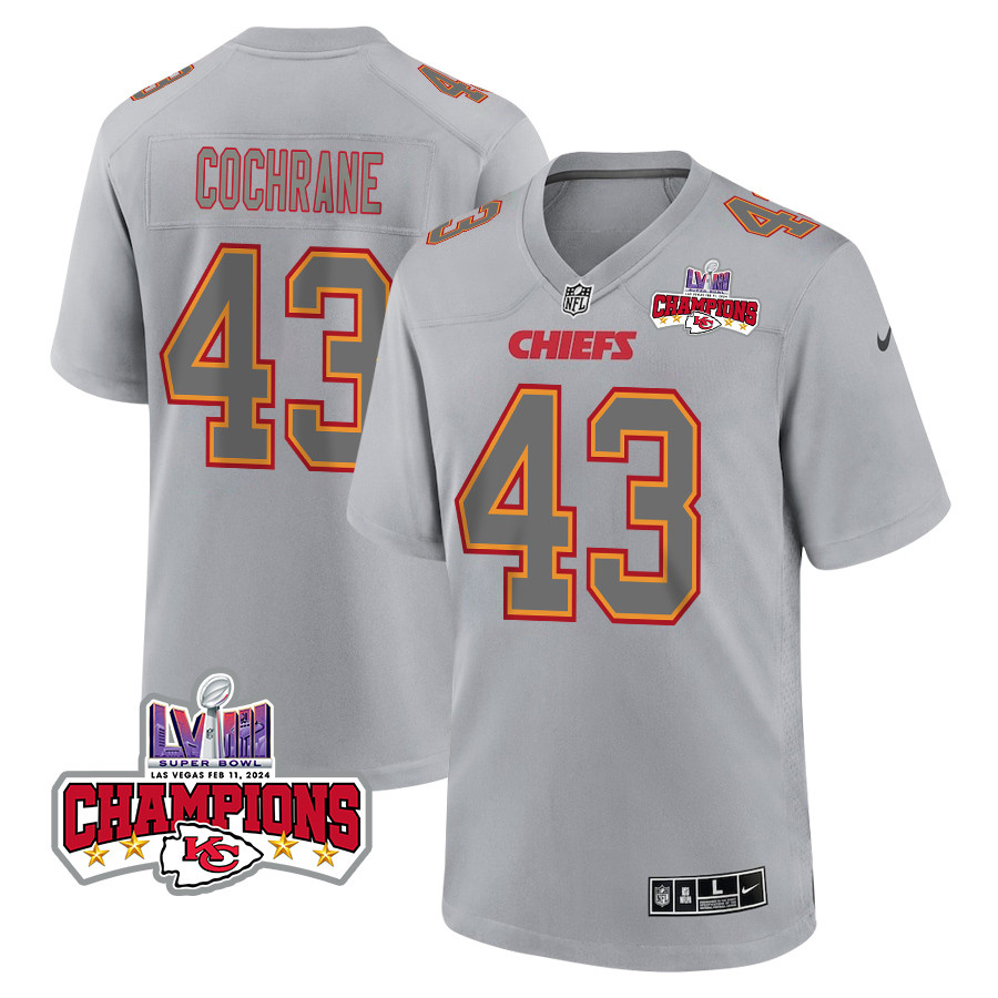 Jack Cochrane 43 Kansas City Chiefs Super Bowl LVIII Champions 4 Stars Patch Atmosphere Fashion Game Gray NFL Jersey Men's