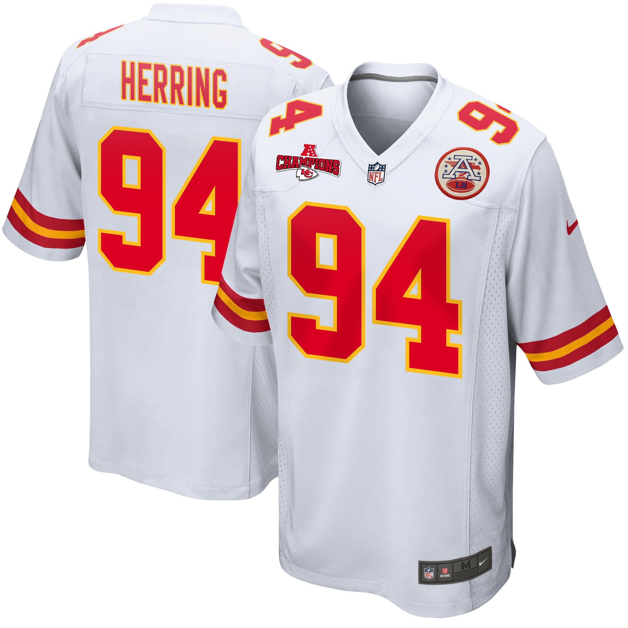 Malik Herring 94 Kansas City Chiefs AFC Champions Patch Game White NFL Jersey Men's