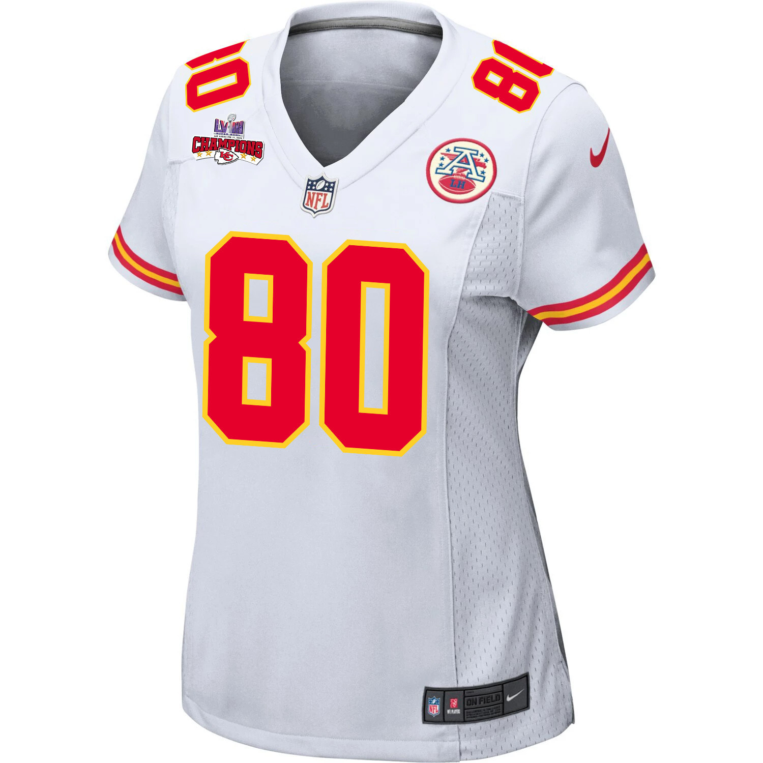 Montrell Washington 80 Kansas City Chiefs Super Bowl LVIII Champions 4 Stars Patch Game White NFL Jersey Women's