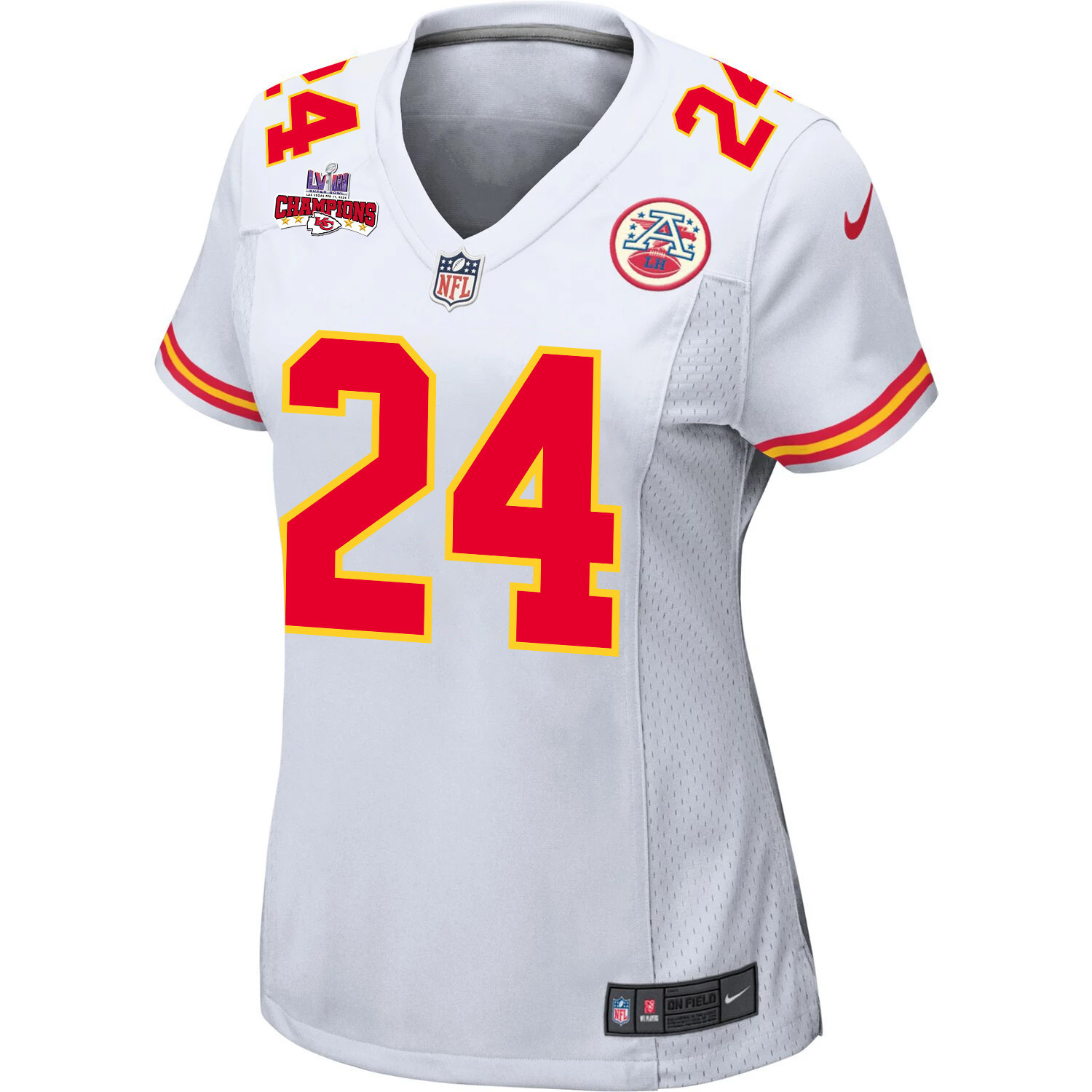 Skyy Moore 24 Kansas City Chiefs Super Bowl LVIII Champions 4 Stars Patch Game White NFL Jersey Women's