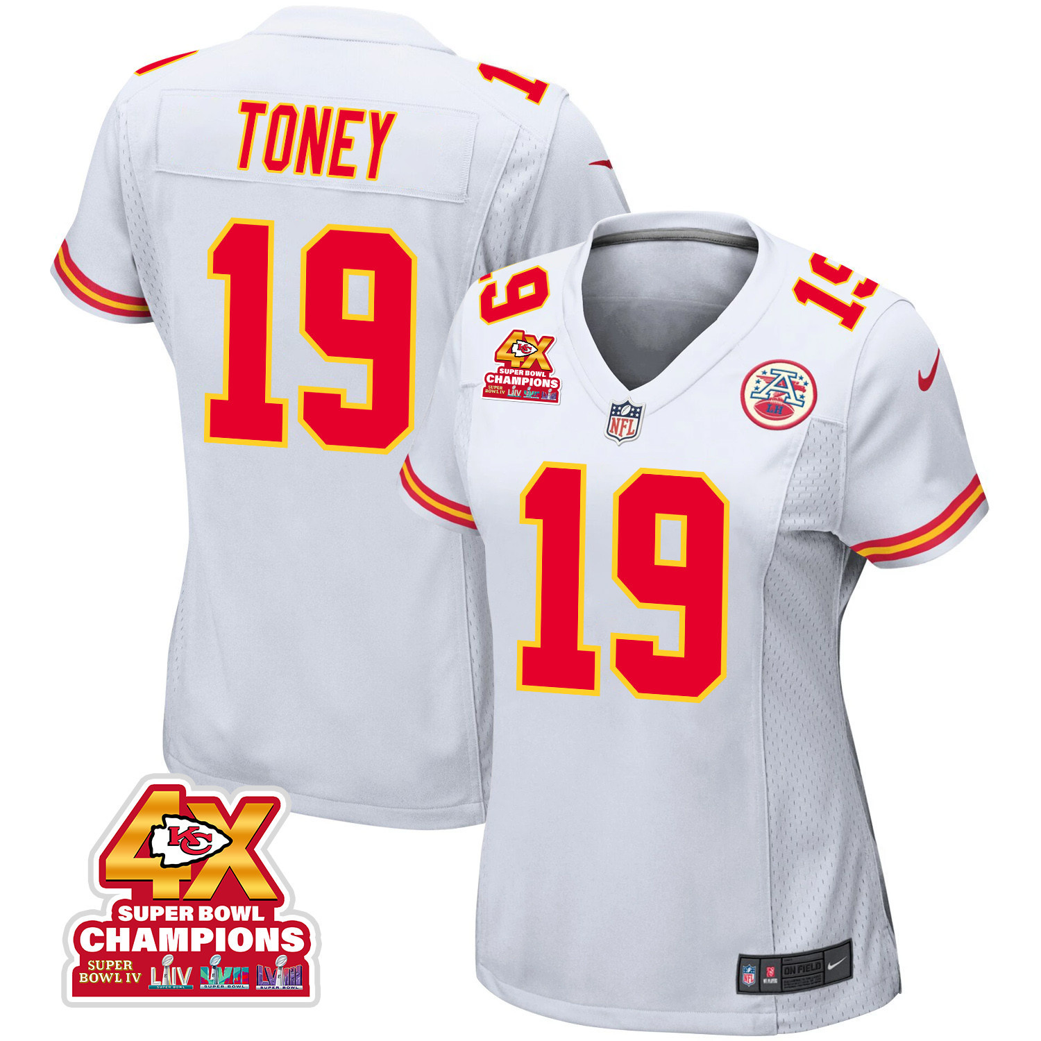 Kadarius Toney 19 Kansas City Chiefs Super Bowl LVIII Champions 4X Game White NFL Jersey Women's
