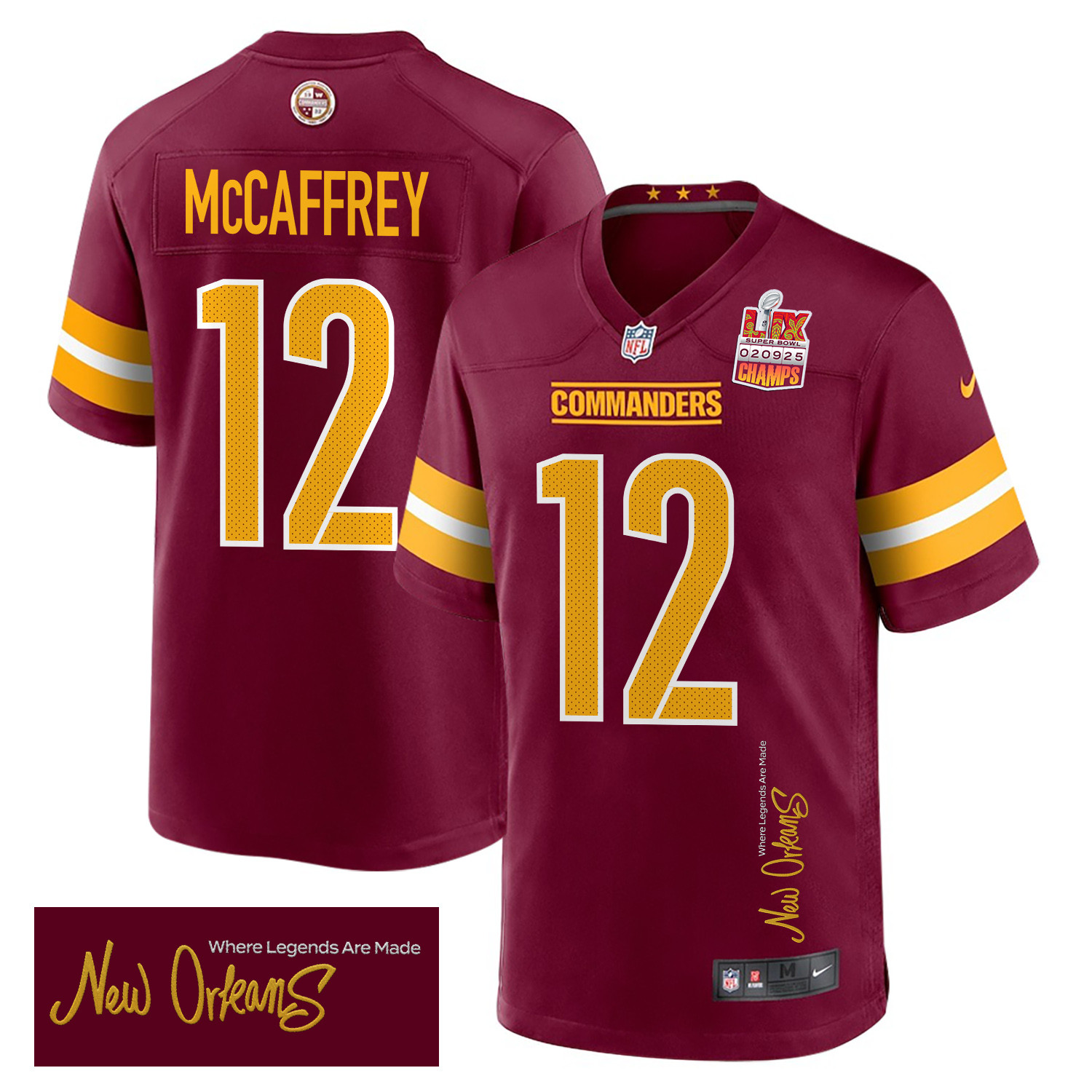 Luke McCaffrey 12 Washington Commanders Super Bowl LIX Champions Patch New Orleans Where Legends Are Made' EMBROIDERED Game Burgundy NFL Jersey Men's