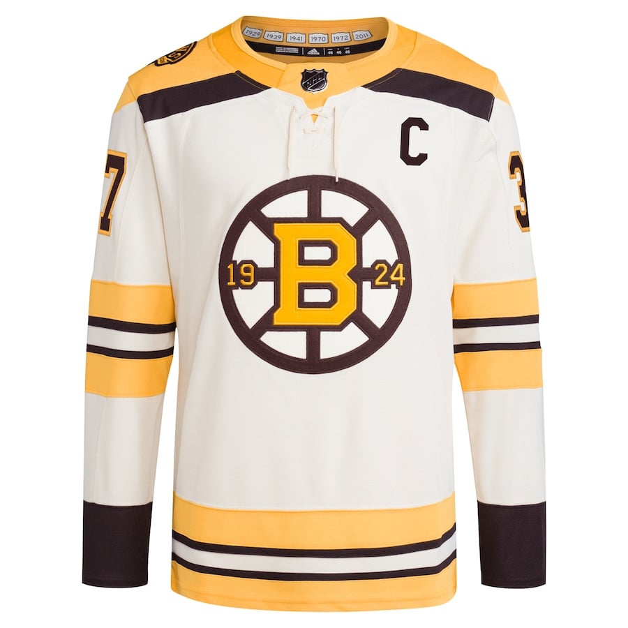 Patrice Bergeron 37 Boston Bruins 100th Anniversary Primegreen Third Cream NHL Jersey Men's