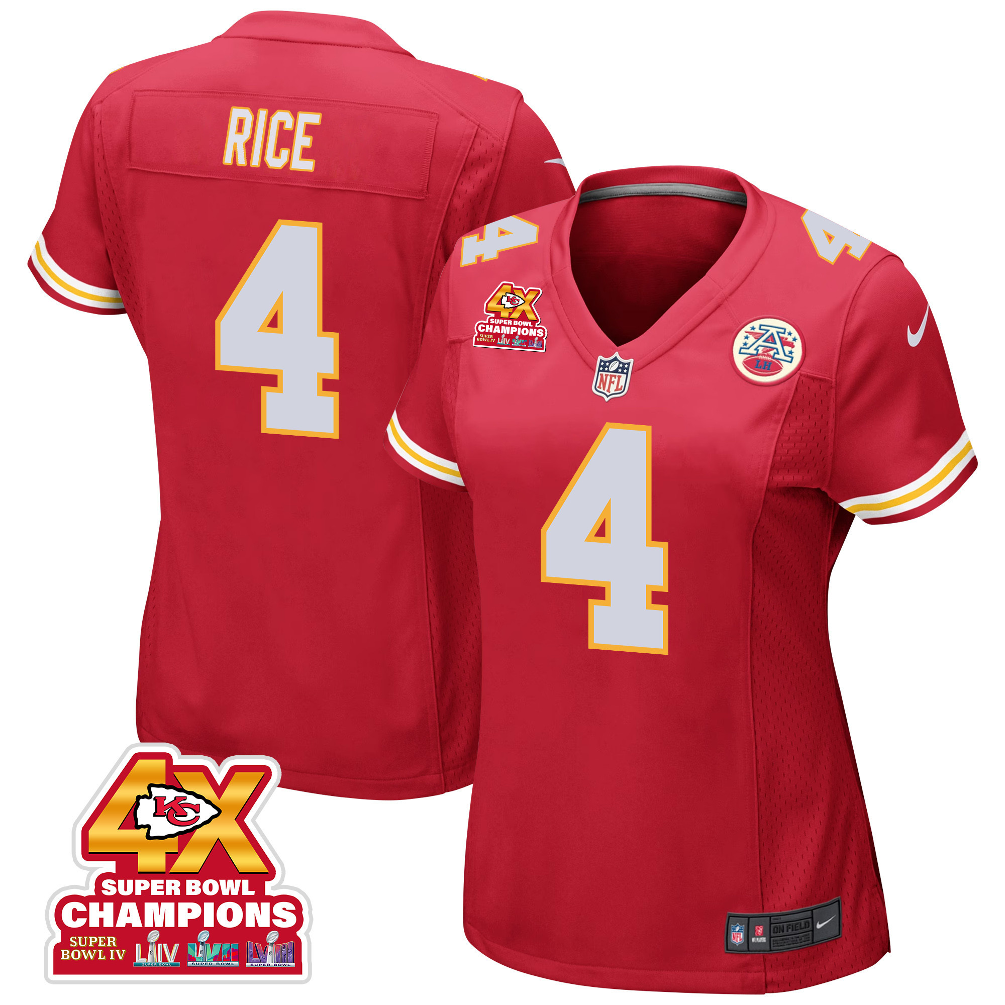 Rashee Rice 4 Kansas City Chiefs Super Bowl LVIII Champions 4X Game Red NFL Jersey Women's