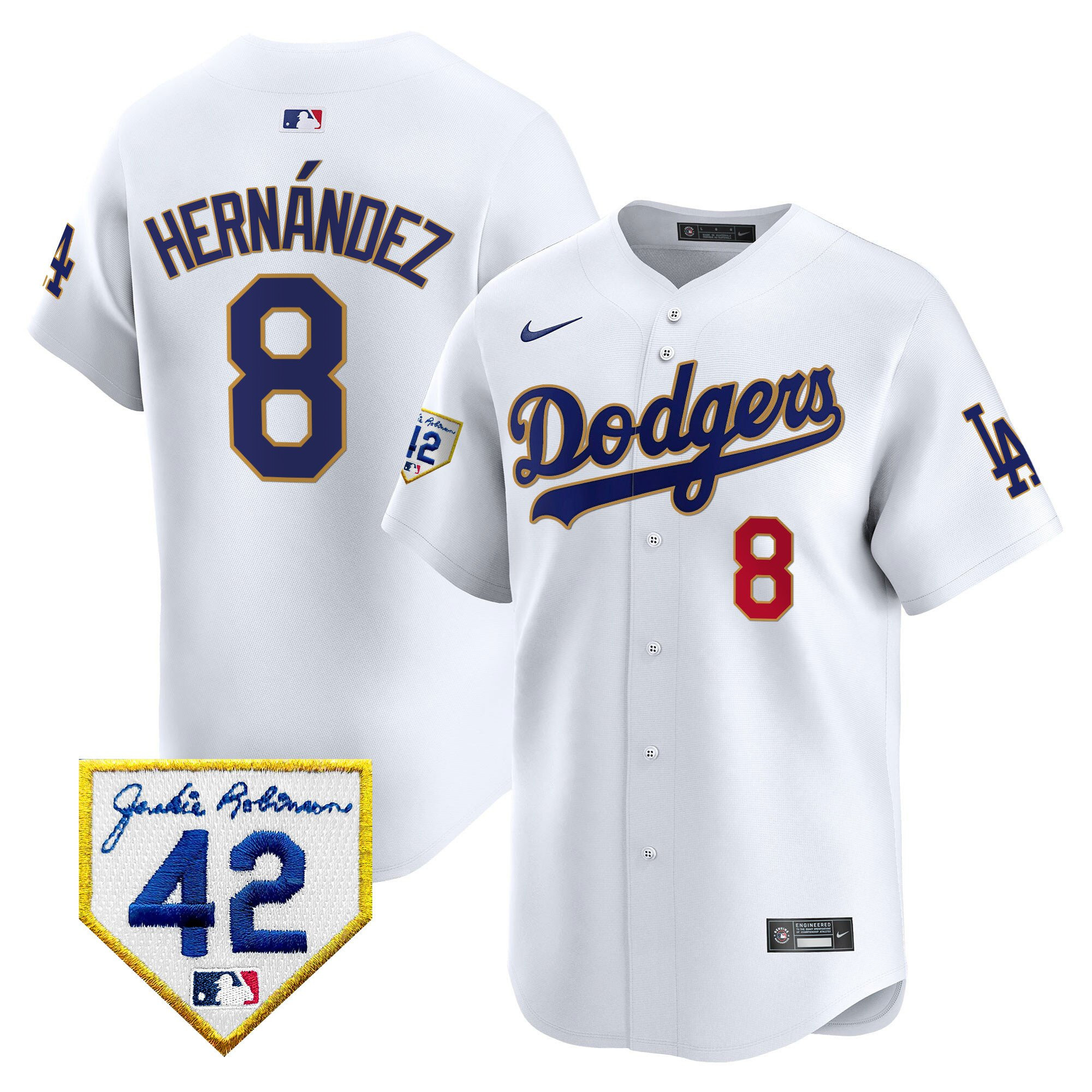 Kike Hernandez 8 Los Angeles Dodgers 2024 Jackie Robinson Patch White MLB Jersey Men's