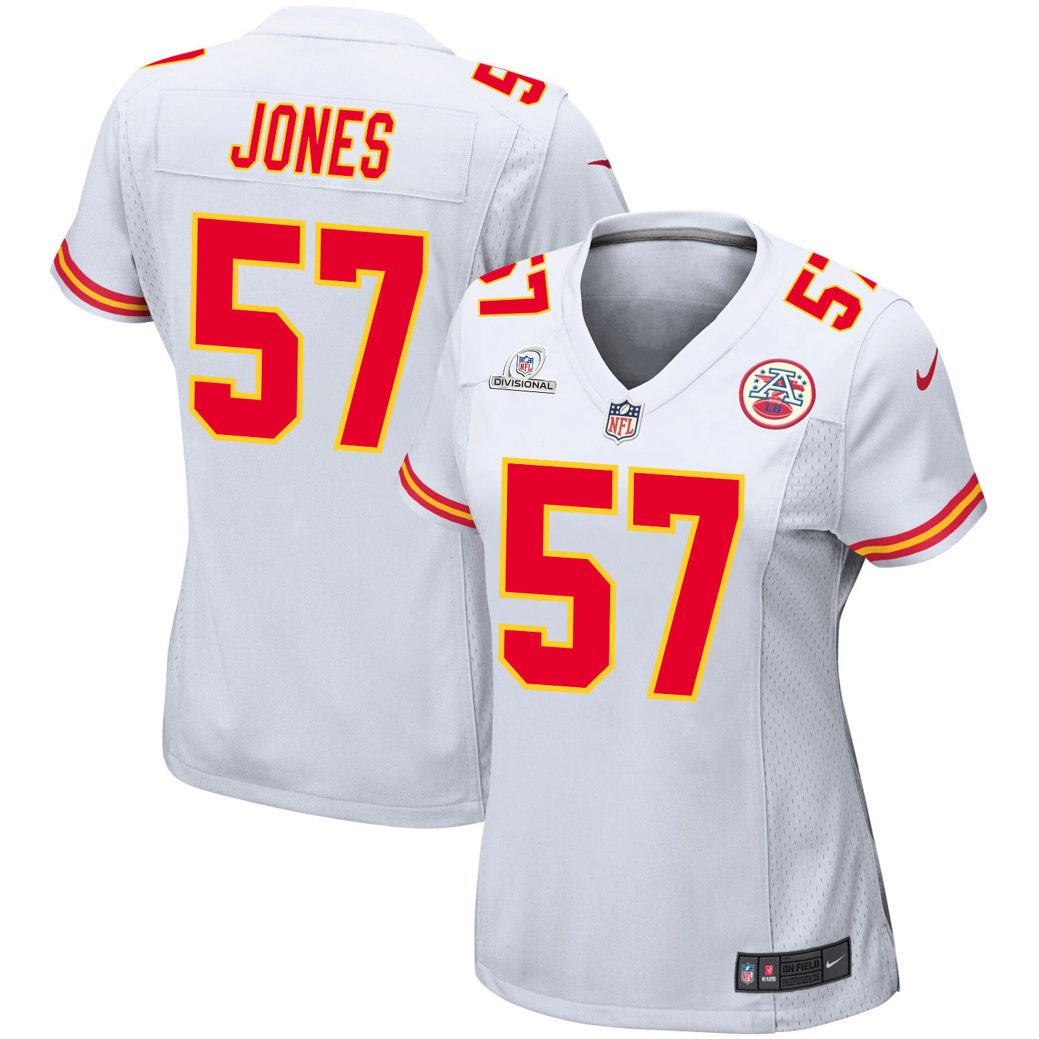 Truman Jones 57 Kansas City Chiefs Super Bowl LVIII Patch Game White NFL Jersey Women's