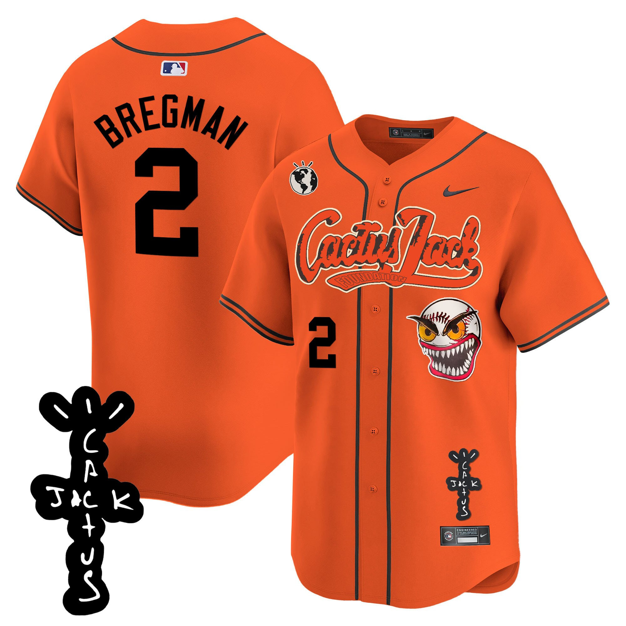 Alex Bregman 2 Houston Astros Cactus Jack Patch V2 Orange MLB Jersey Men's