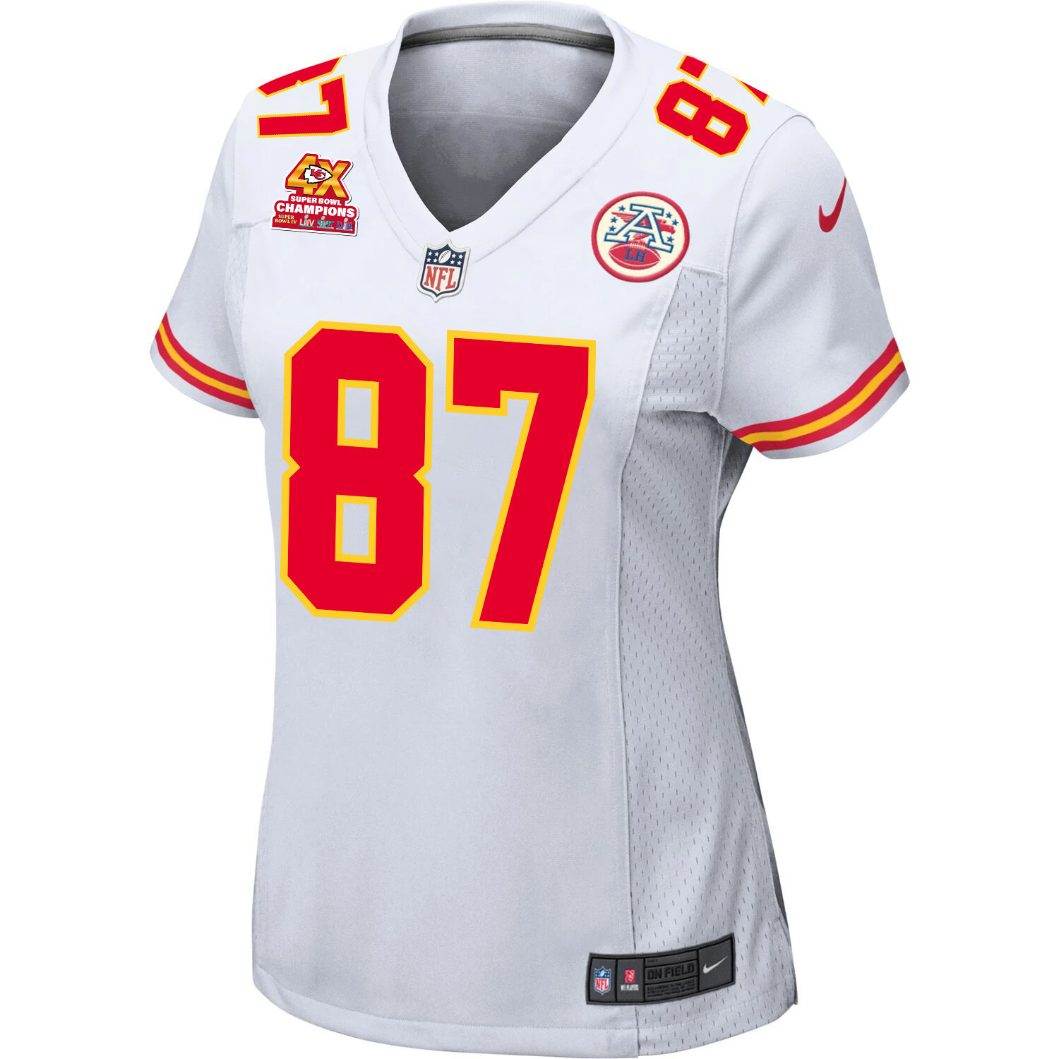 Travis Kelce 87 Kansas City Chiefs Super Bowl LVIII Champions 4X Game White NFL Jersey Women's