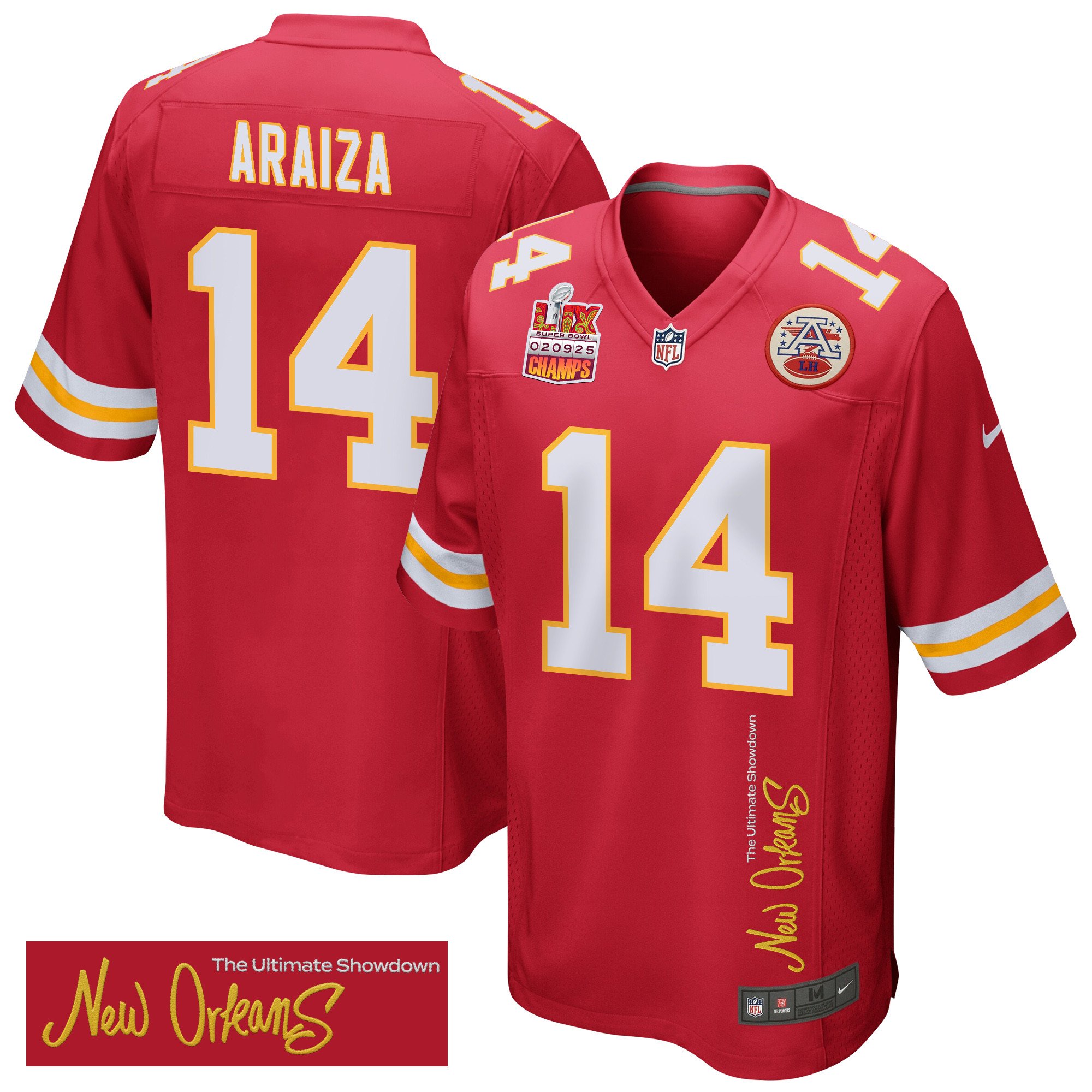 Matt Araiza 14 Kansas City Chiefs Super Bowl LIX Champions Patch New Orleans The Ultimate Showdown' EMBROIDERED Game Red NFL Jersey Men's