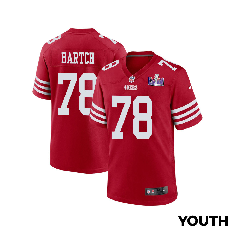 Ben Bartch 78 San Francisco 49ers Super Bowl LVIII Patch Game Scarlet NFL Jersey Youth