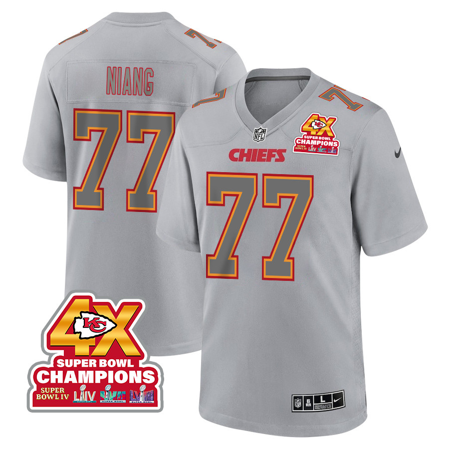 Lucas Niang 77 Kansas City Chiefs Super Bowl LVIII Champions 4X Atmosphere Fashion Game Gray NFL Jersey Men's