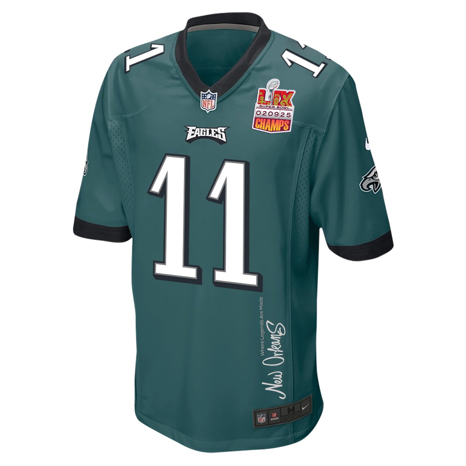 A.J. Brown 11 Philadelphia Eagles Super Bowl LIX Champions Patch New Orleans Where Legends Are Made' EMBROIDERED Game Midnight Green NFL Jersey Men's