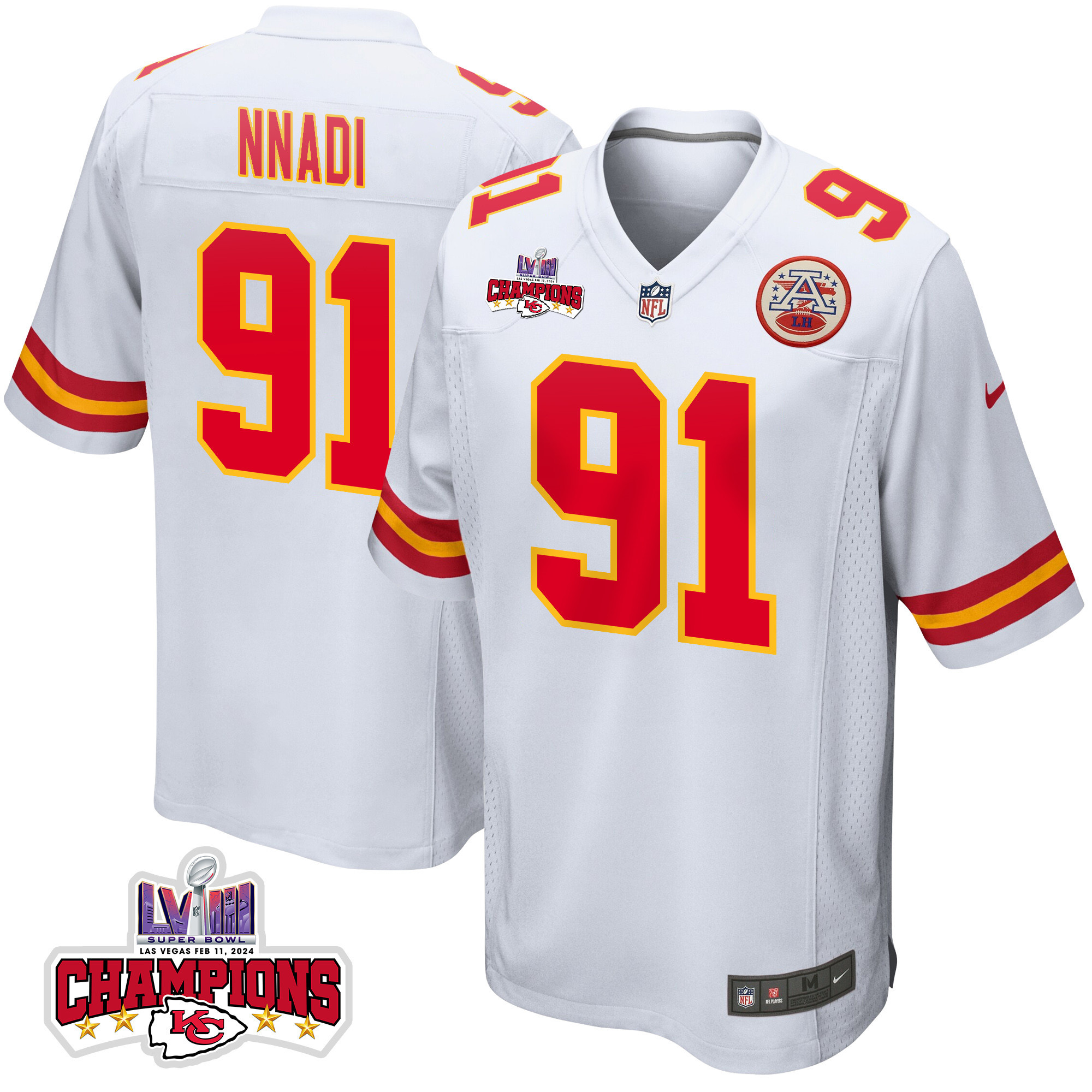 Derrick Nnadi 91 Kansas City Chiefs Super Bowl LVIII Champions 4 Stars Patch Game White NFL Jersey Men's