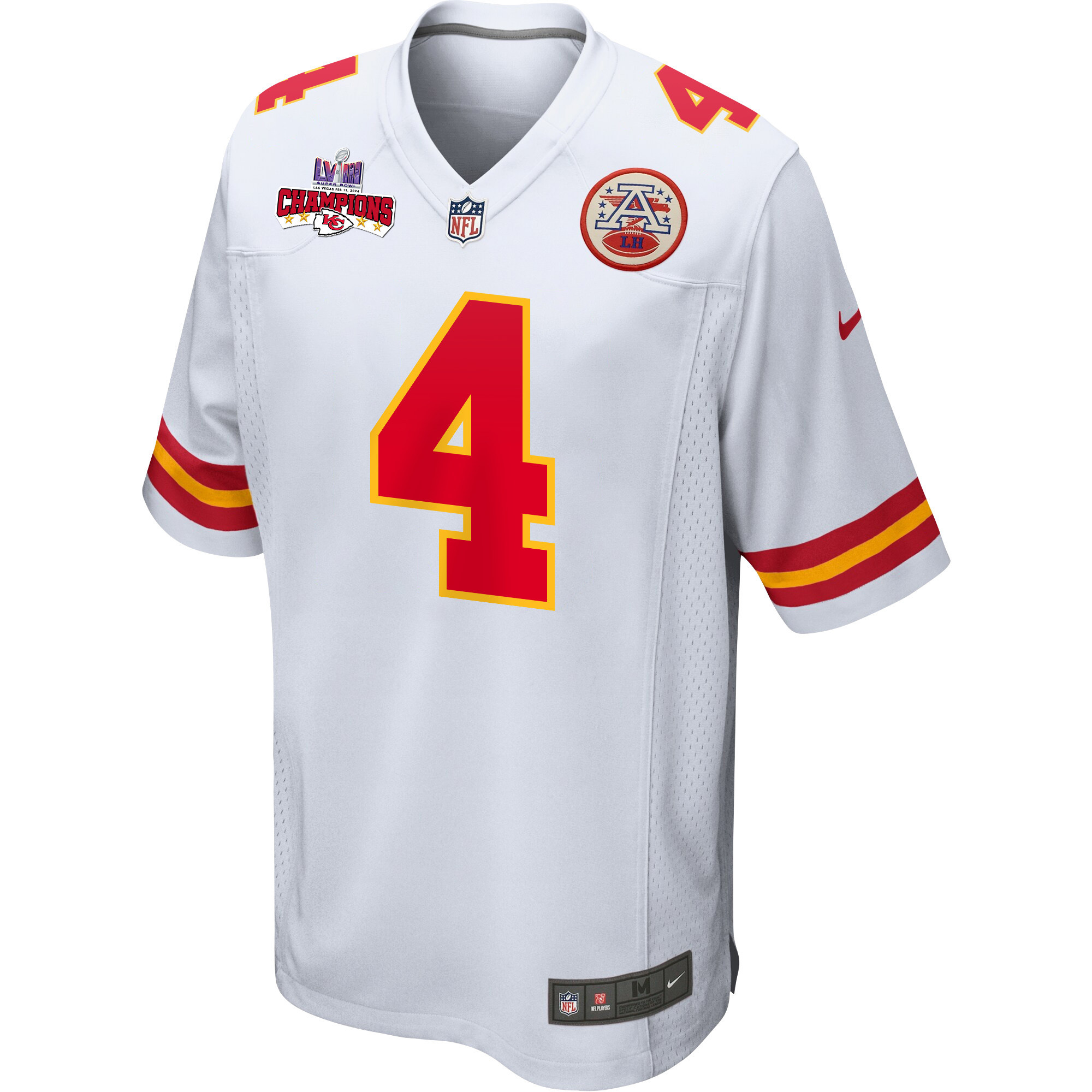 Rashee Rice 4 Kansas City Chiefs Super Bowl LVIII Champions 4 Stars Patch Game White NFL Jersey Men's