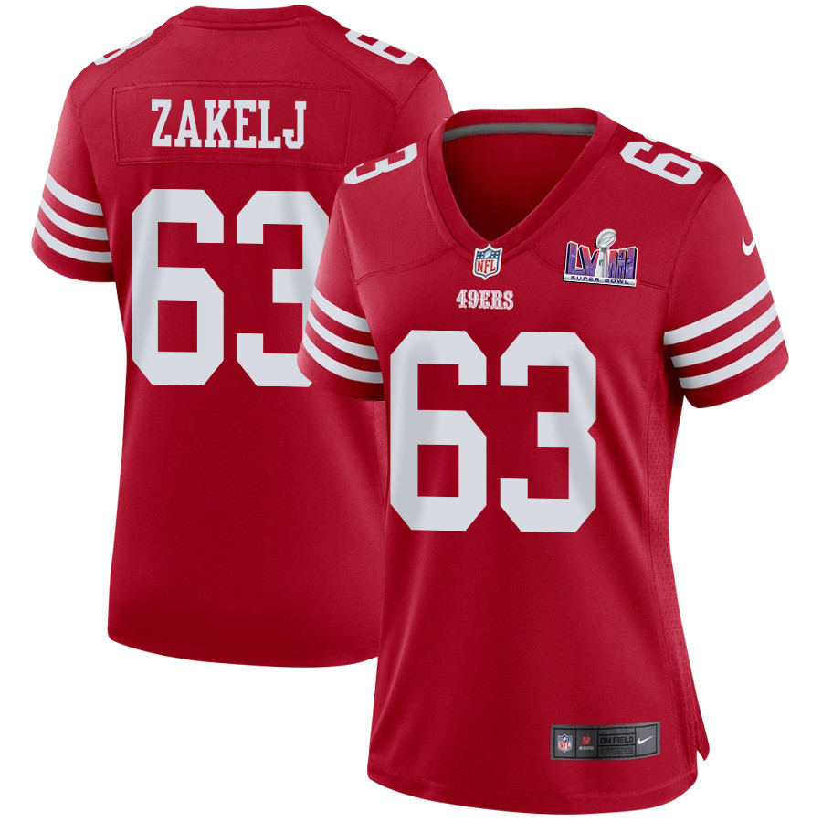 Nick Zakelj 63 San Francisco 49ers Super Bowl LVIII Patch Game Scarlet NFL Jersey Women's