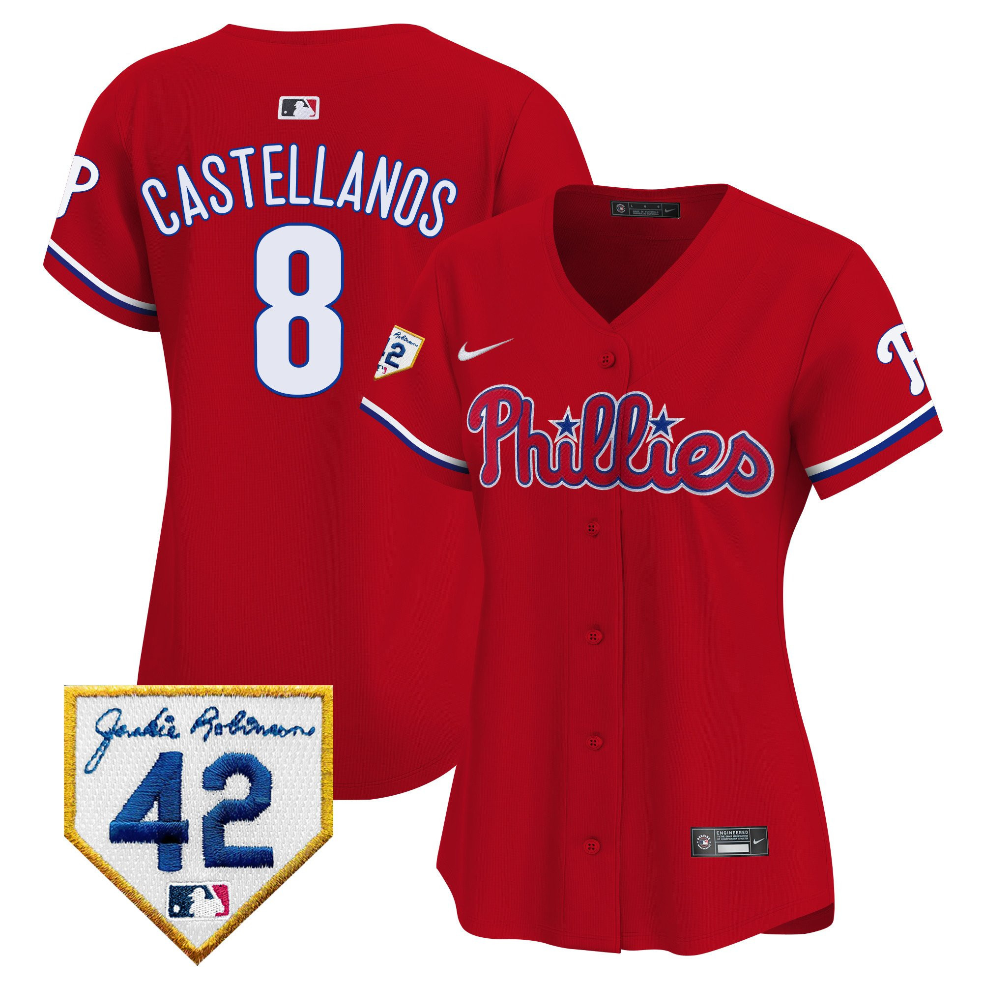 Nick Castellanos 8 Philadelphia Phillies 2024 Jackie Robinson Patch Red MLB Jersey Women's