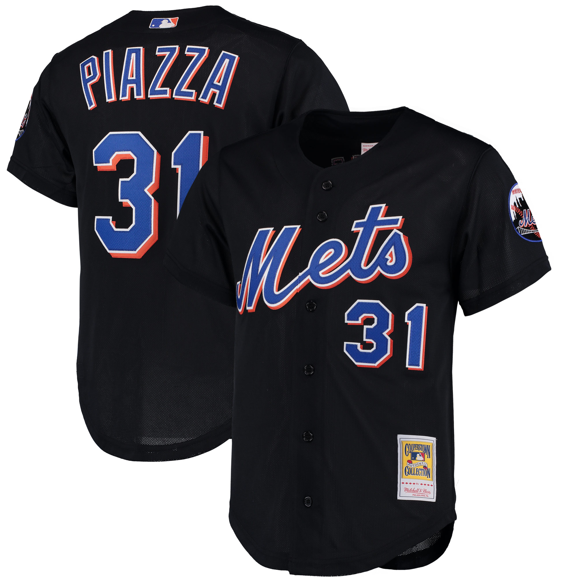 New York Mets Mike Piazza Mitchell Ness Black Cooperstown Collection Mesh Batting Practice Button-Up MLB Jersey Men's