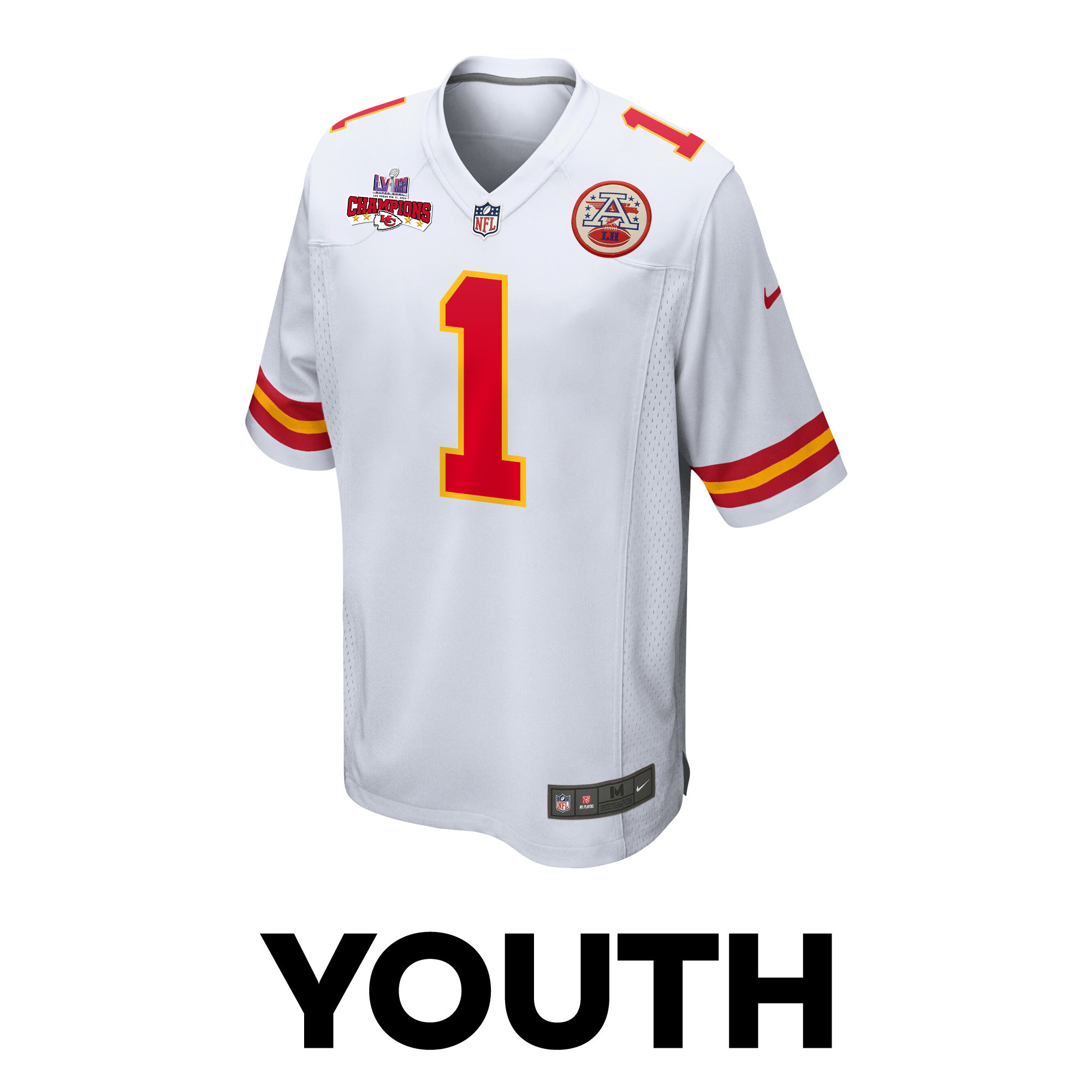 Jerick McKinnon 1 Kansas City Chiefs Super Bowl LVIII Champions 4 Stars Patch Game White NFL Jersey Youth