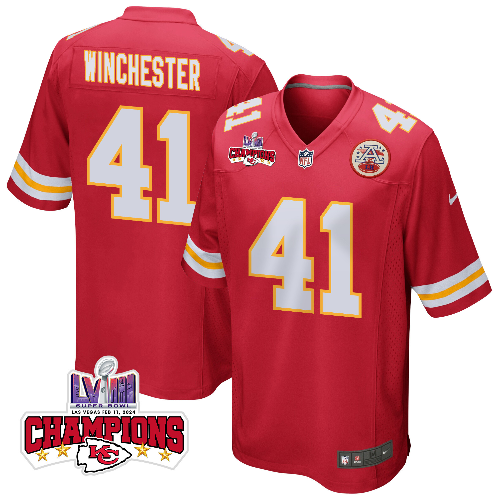 James Winchester 41 Kansas City Chiefs Super Bowl LVIII Champions 4 Stars Patch Game Red NFL Jersey Men's