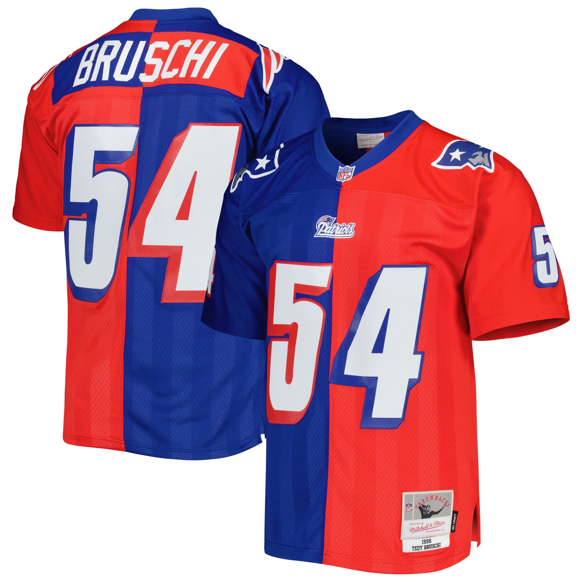 New England Patriots Tedy Bruschi Mitchell Ness Royal/Red 1996 Split Legacy NFL Jersey Men's
