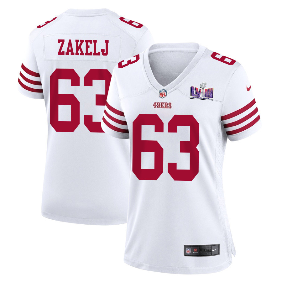 Nick Zakelj 63 San Francisco 49ers Super Bowl LVIII Patch Game White NFL Jersey Women's