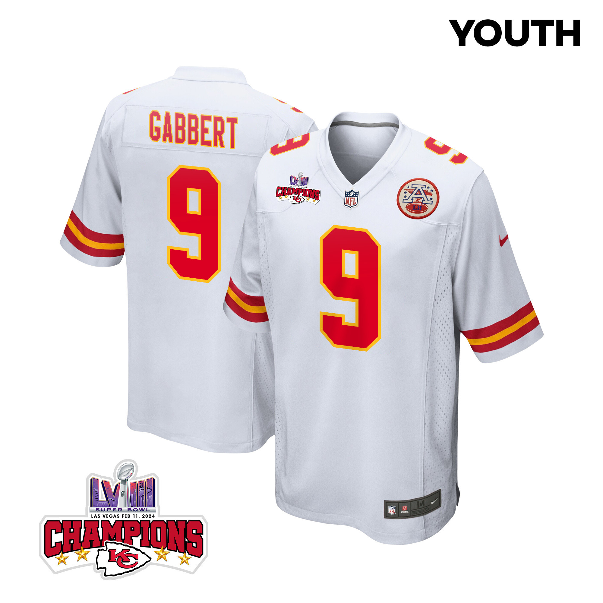 Blaine Gabbert 9 Kansas City Chiefs Super Bowl LVIII Champions 4 Stars Patch Game White NFL Jersey Youth