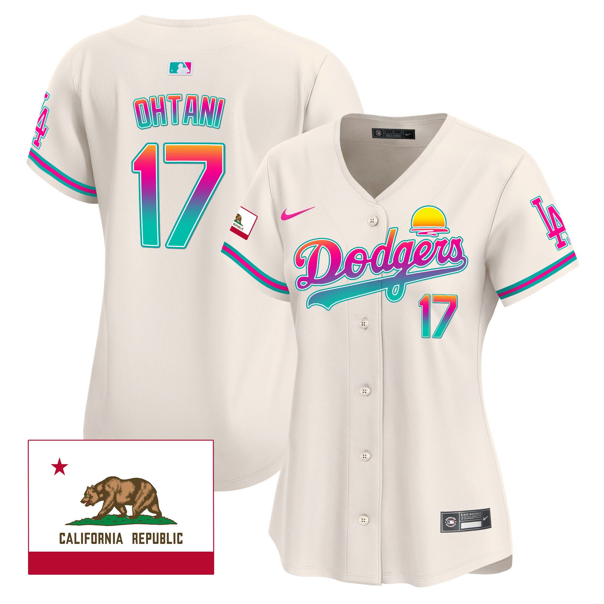 Shohei Ohtani 17 Los Angeles Dodgers 2024 Los Angeles City Style California Republic Patch Cream MLB Jersey Women's