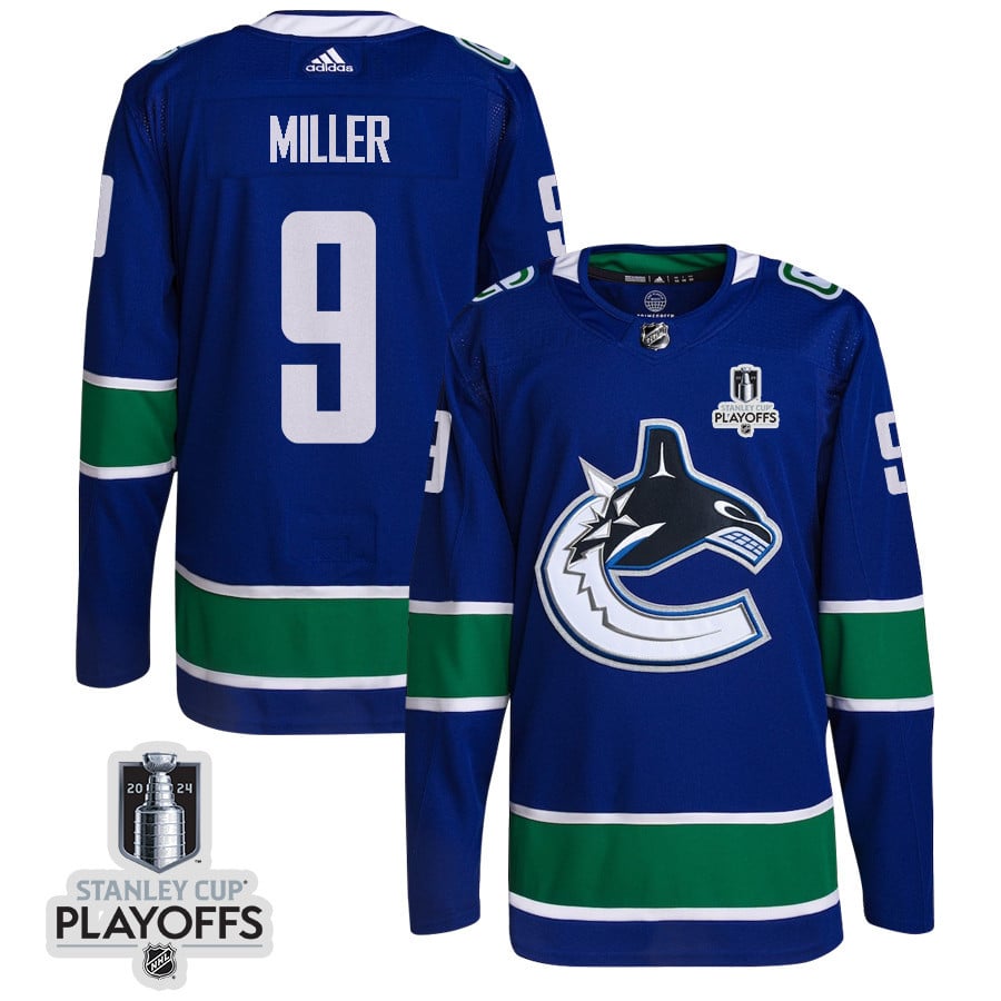 J.T. Miller 9 Vancouver Canucks 2024 Playoffs Patch Home Blue NHL Jersey Men's