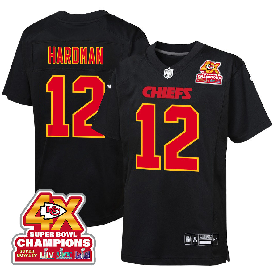 Mecole Hardman 12 Kansas City Chiefs Super Bowl LVIII Champions 4X Fashion Game Carbon Black NFL Jersey Youth