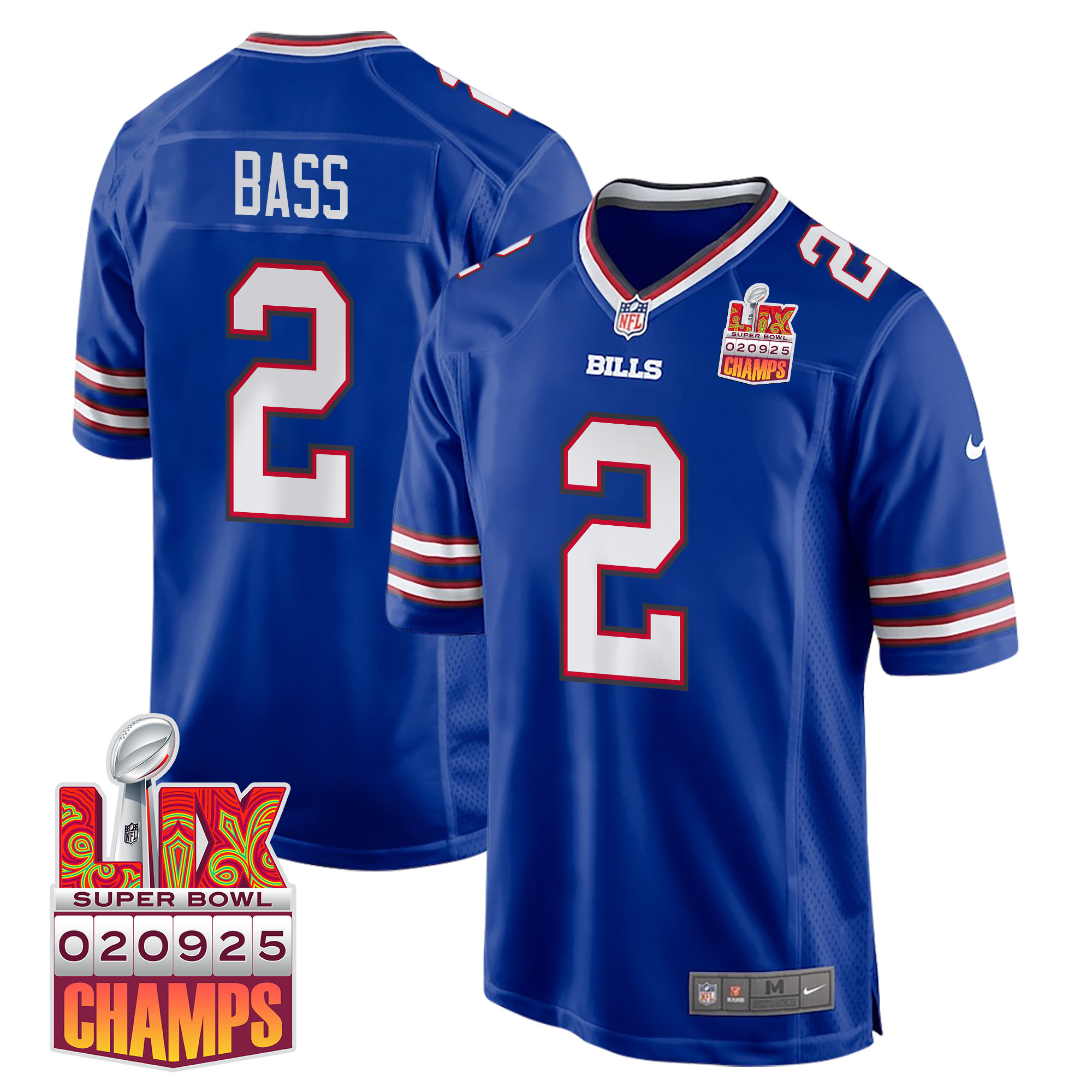 Tyler Bass 2 Buffalo Bills Super Bowl LIX Champions Patch Game Royal NFL Jersey Men's