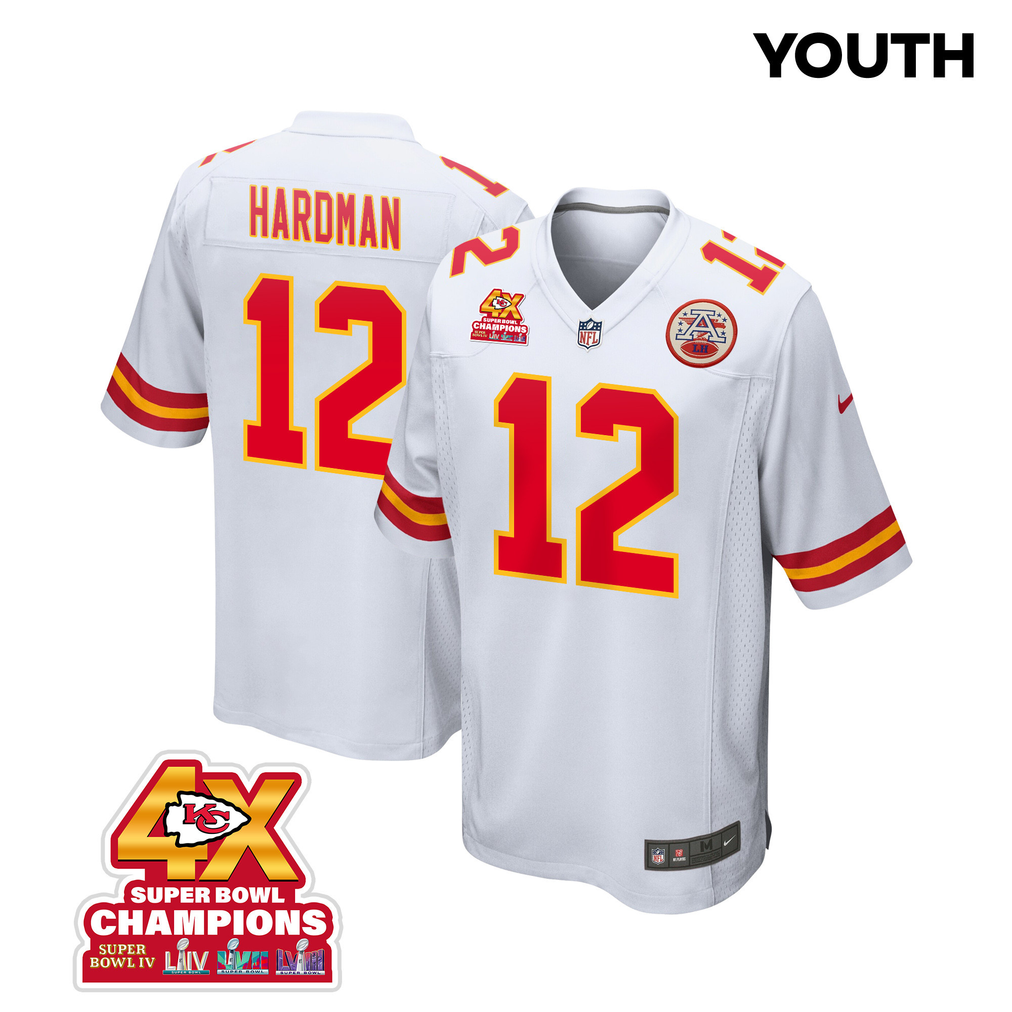 Mecole Hardman 12 Kansas City Chiefs Super Bowl LVIII Champions 4X Game White NFL Jersey Youth