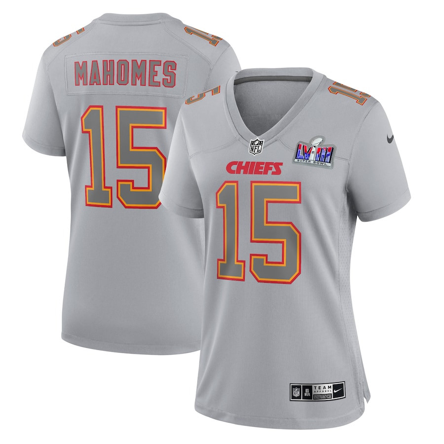 Patrick Mahomes 15 Kansas City Chiefs Super Bowl LVIII Atmosphere Fashion Game Gray NFL Jersey Women's