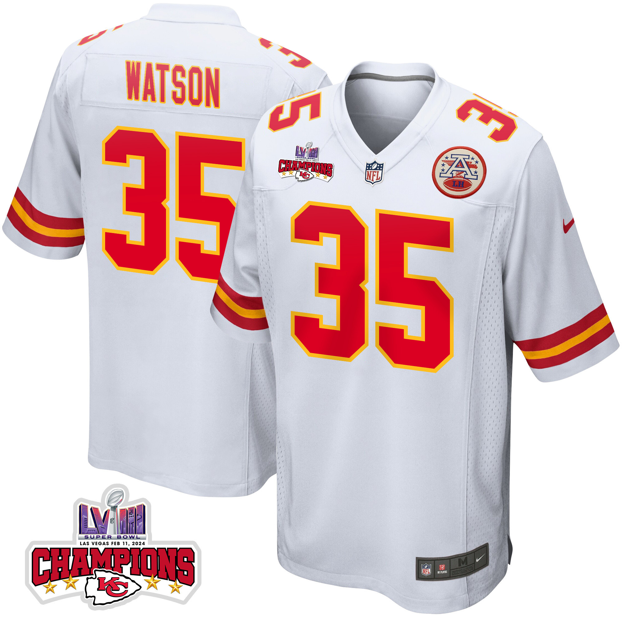 Jaylen Watson 35 Kansas City Chiefs Super Bowl LVIII Champions 4 Stars Patch Game White NFL Jersey Men's
