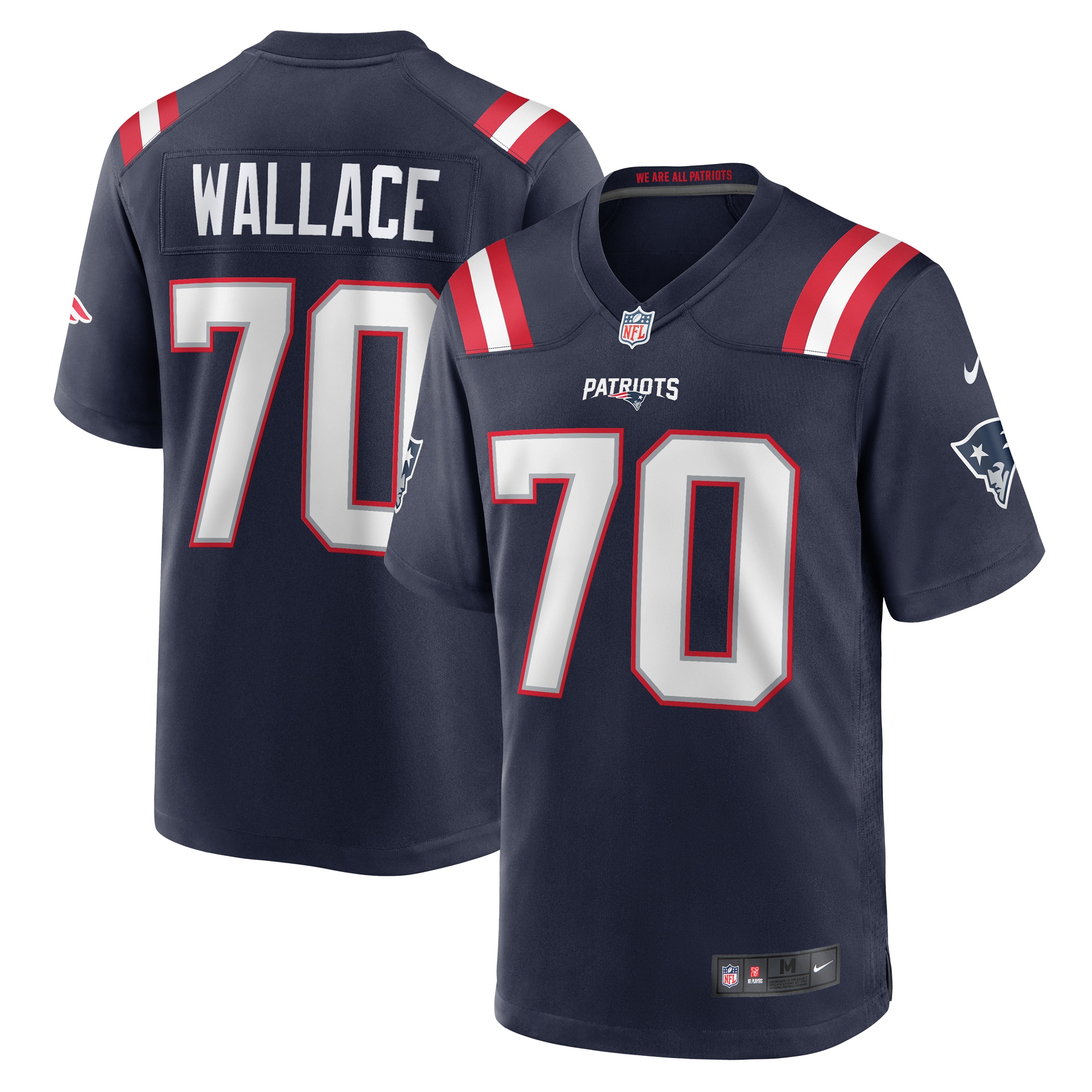 New England Patriots Caedan Wallace Navy Game NFL Jersey Men's
